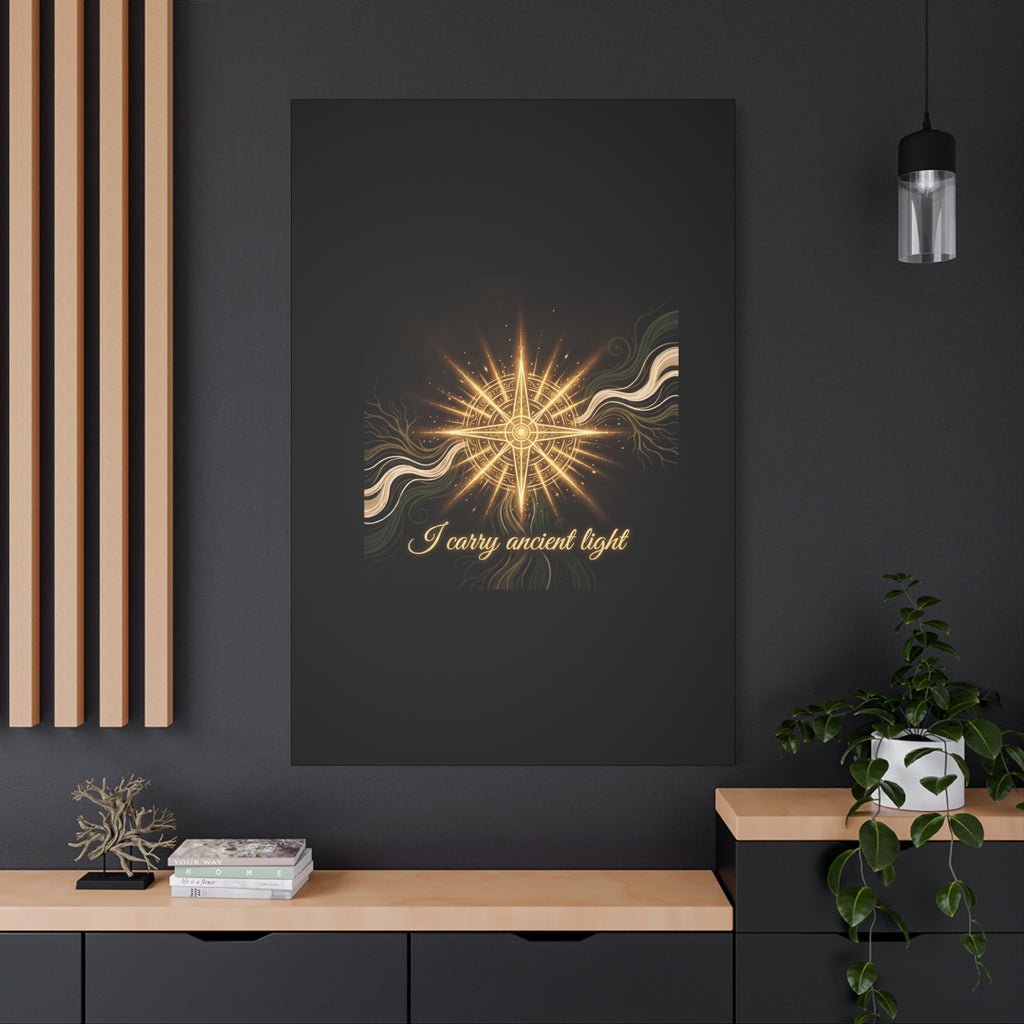 Matte canvas wall art titled "I Carry Ancient Light" featuring a golden compass design, ideal for home decor.