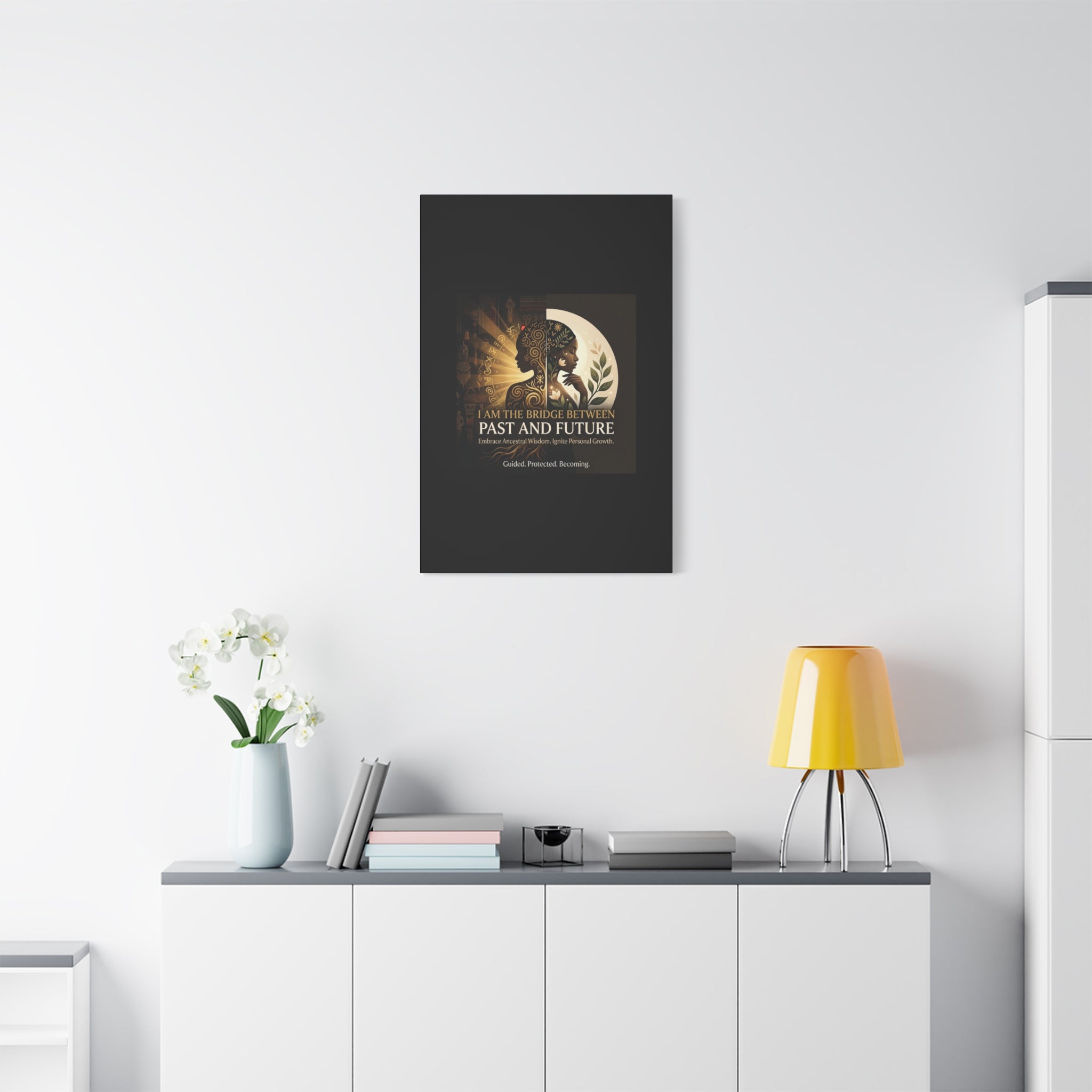 Canvas wall art titled "I Am the Bridge Between Past and Future" by Printify, featuring a vibrant, abstract design.