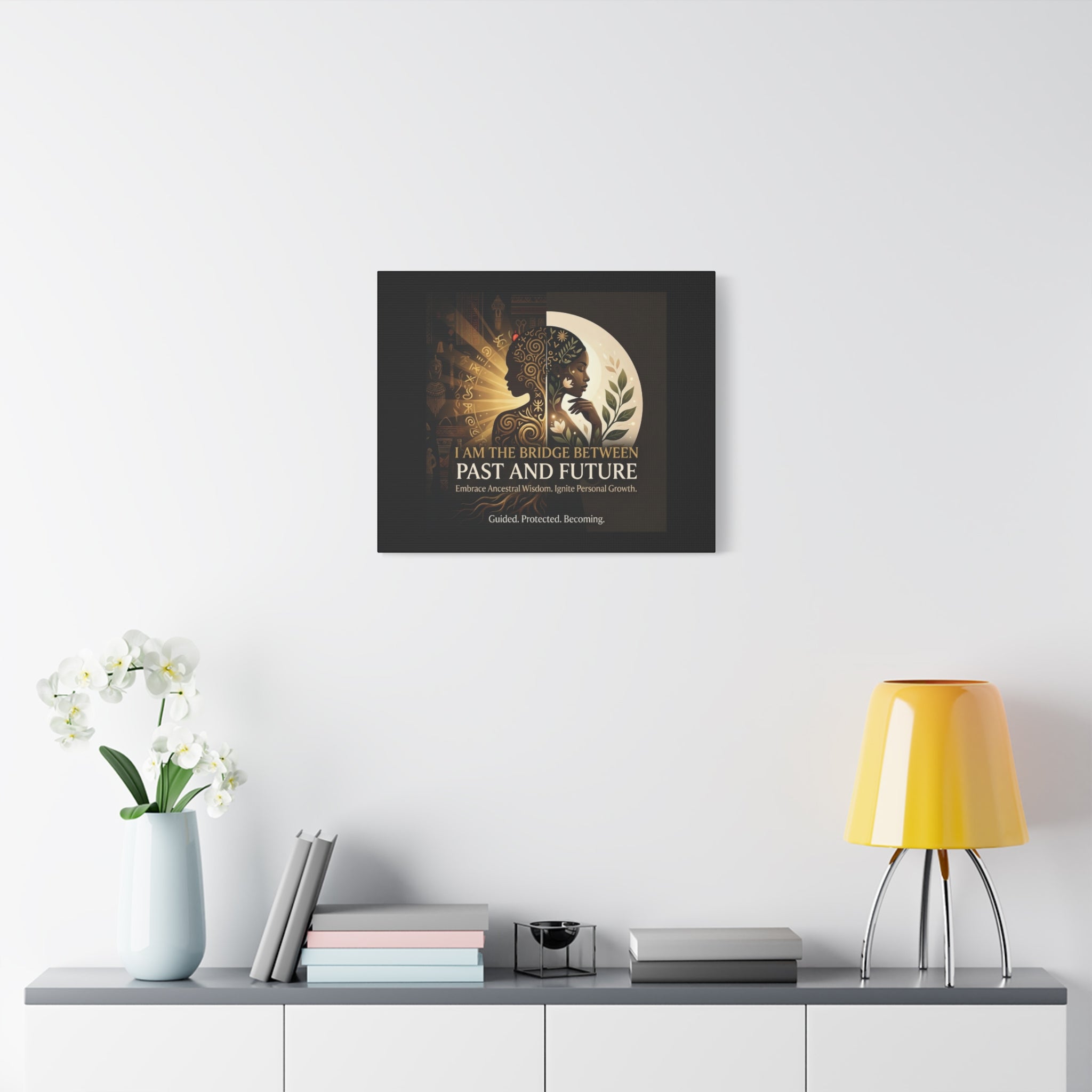 Colorful canvas wall art titled "I Am the Bridge Between Past and Future" by Printify, featuring abstract designs and textures.