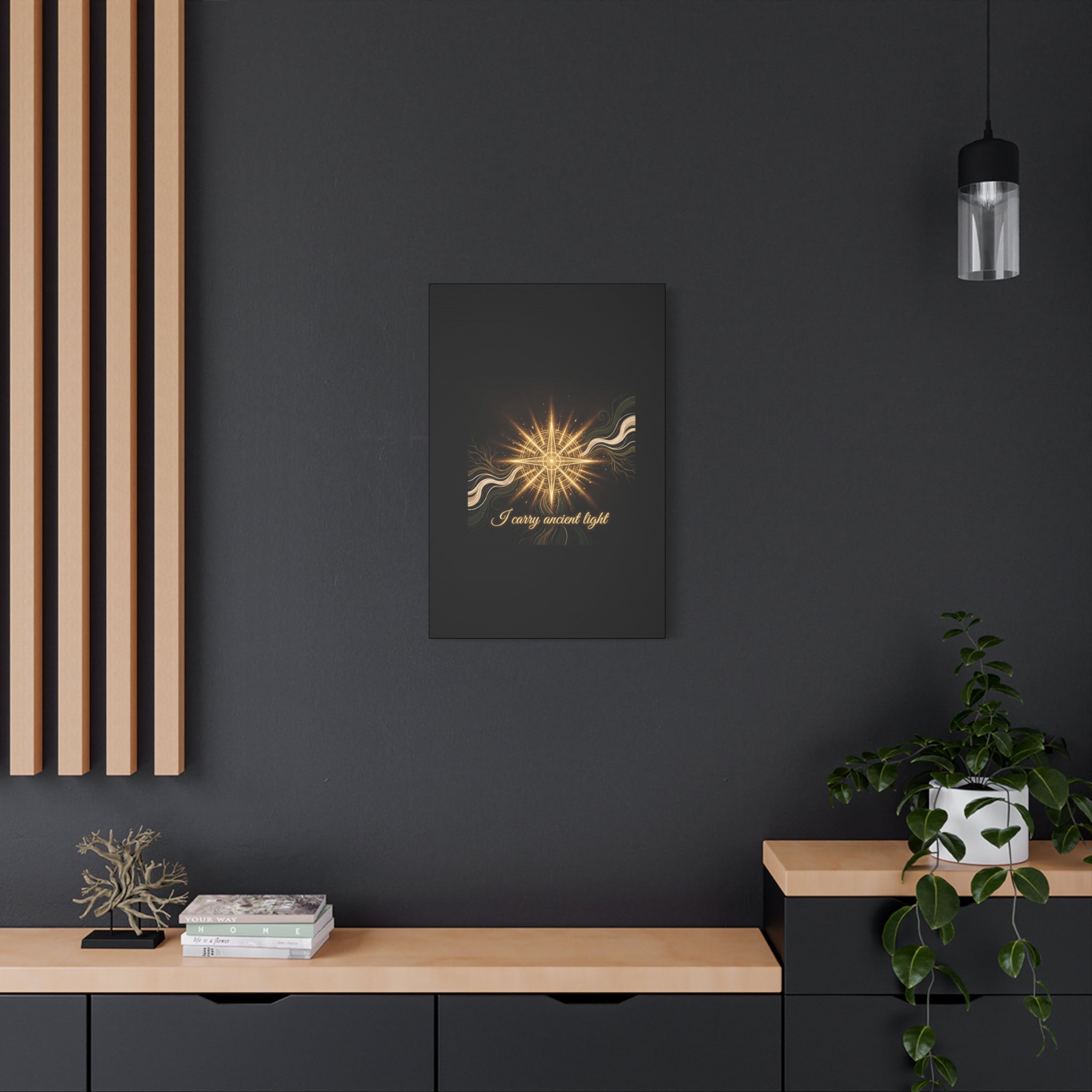 Matte canvas wall art titled "I Carry Ancient Light" featuring a golden compass design, suitable for home decor.