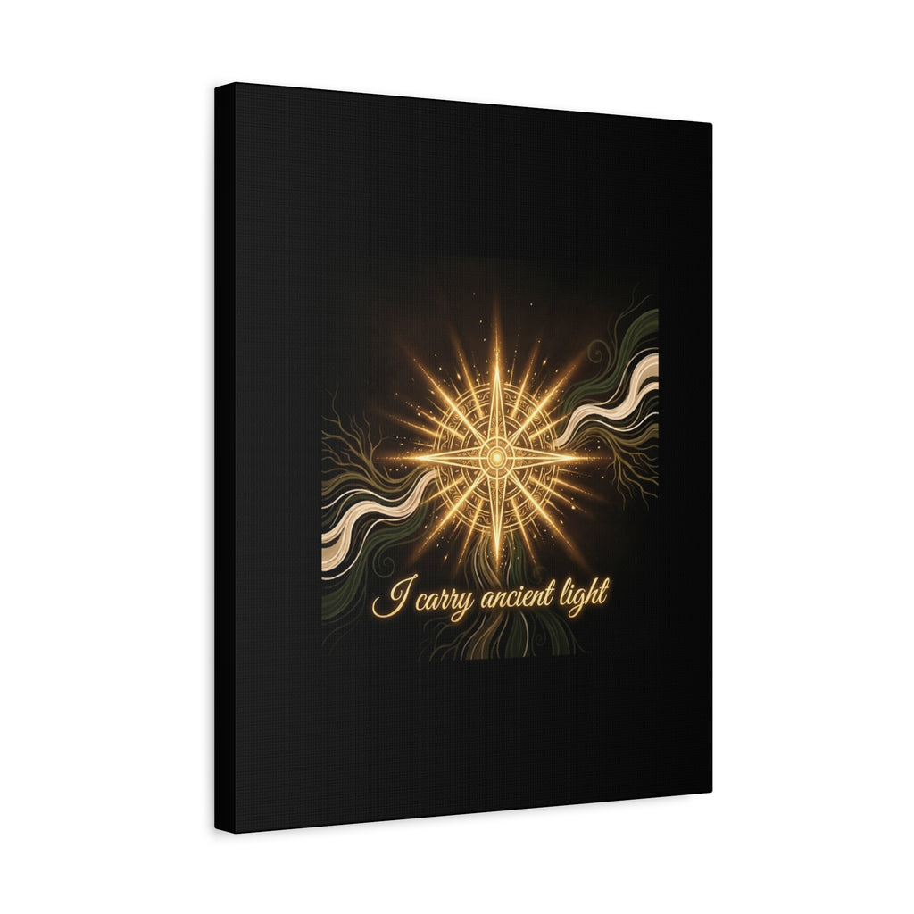 Matte canvas wall art titled "I Carry Ancient Light" featuring a golden compass design, by Printify, suitable for home decor.