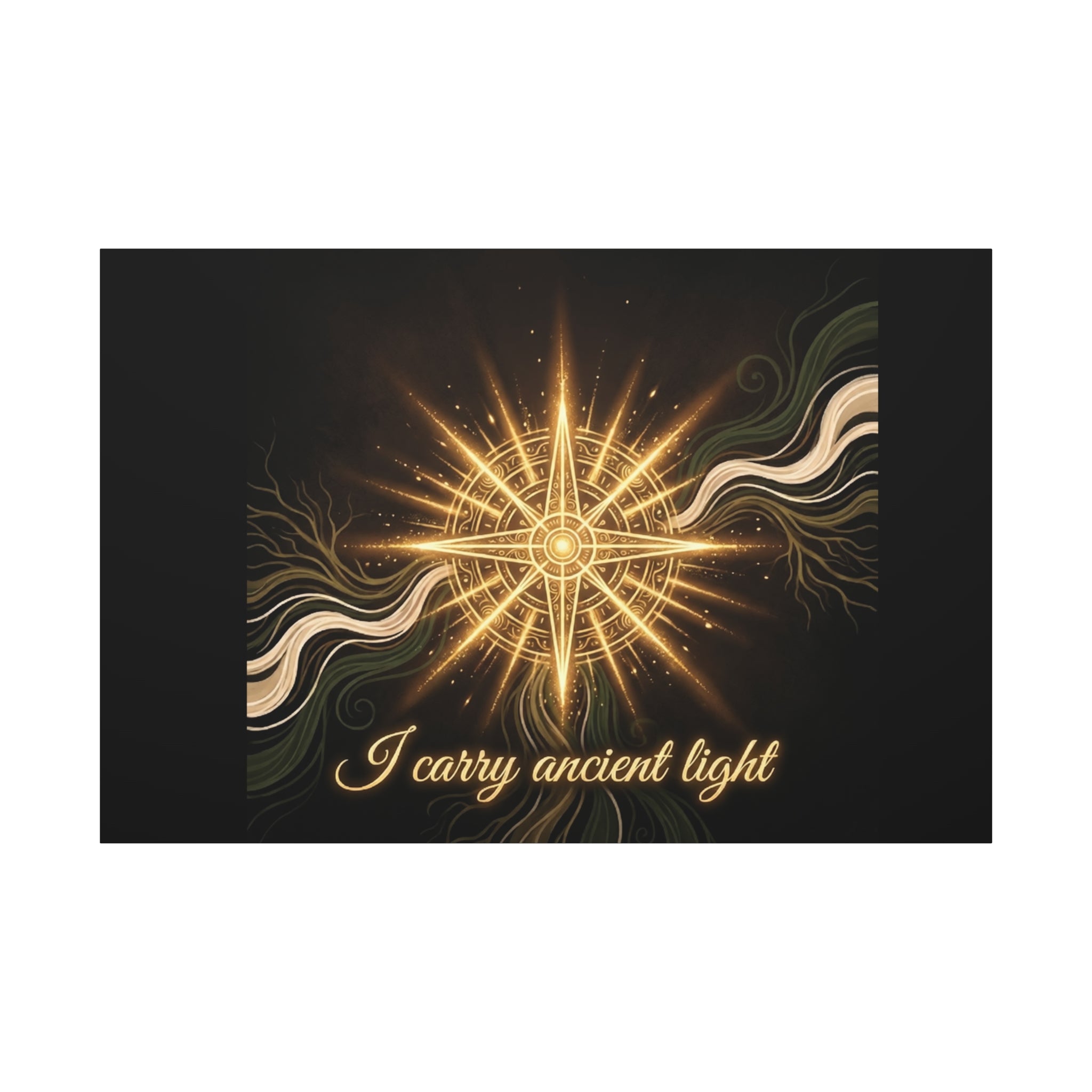 Matte canvas wall art titled "I Carry Ancient Light" featuring a golden compass design, printed by Printify.