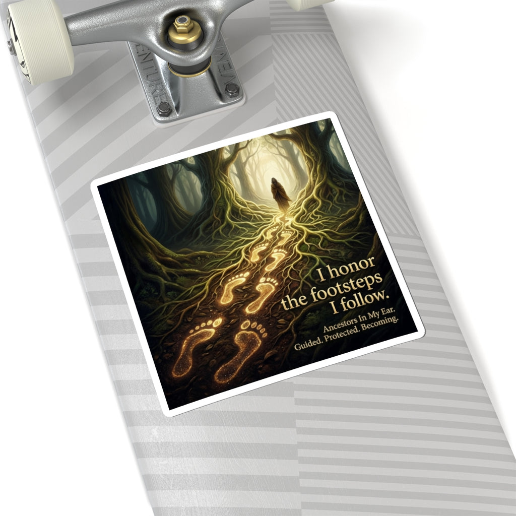 Kiss-cut sticker with the quote "I honor the footsteps I follow" featuring an ancestral forest design on paper product by Printify.