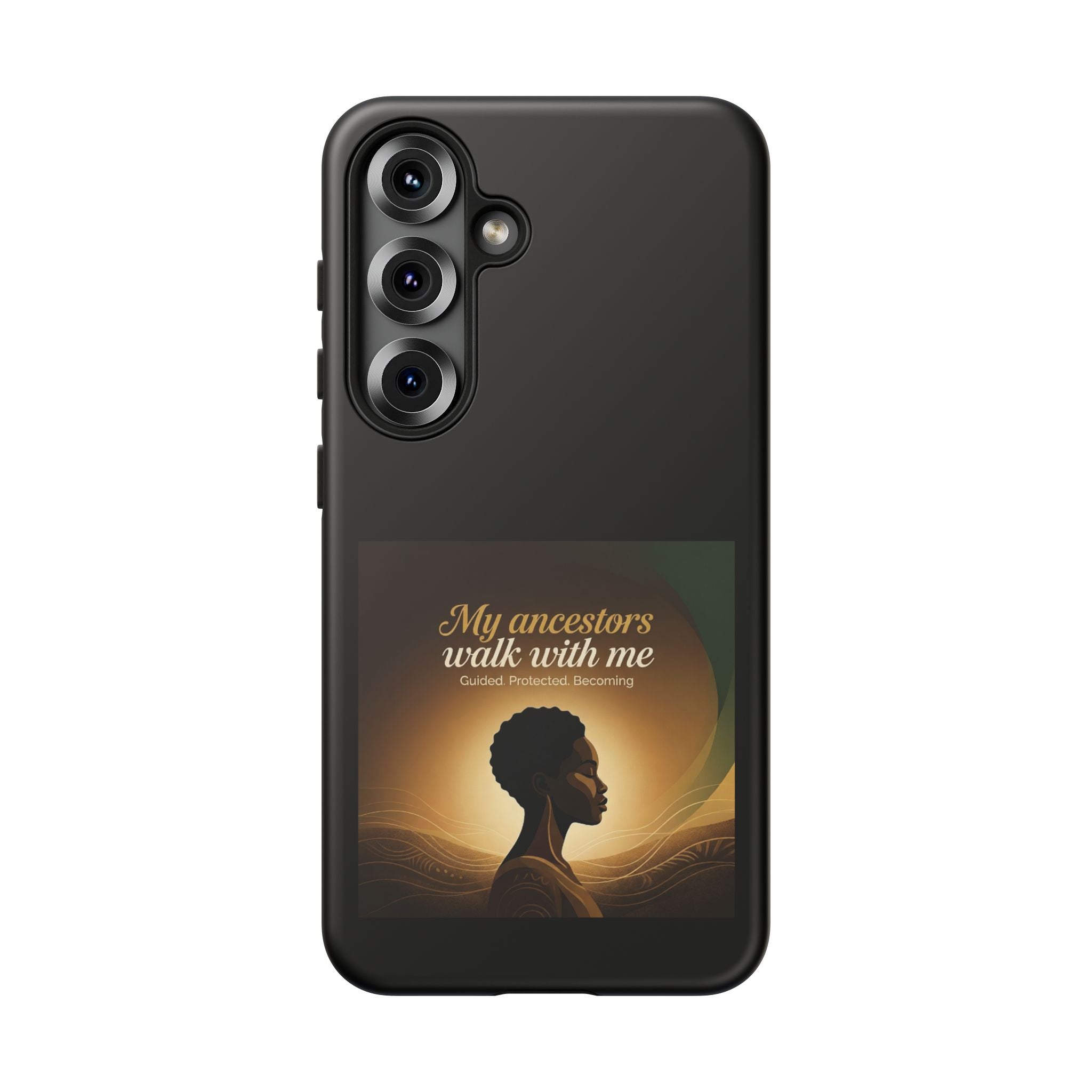 Black phone case with inspirational message and heritage design, protective cover for smartphones by Printify.