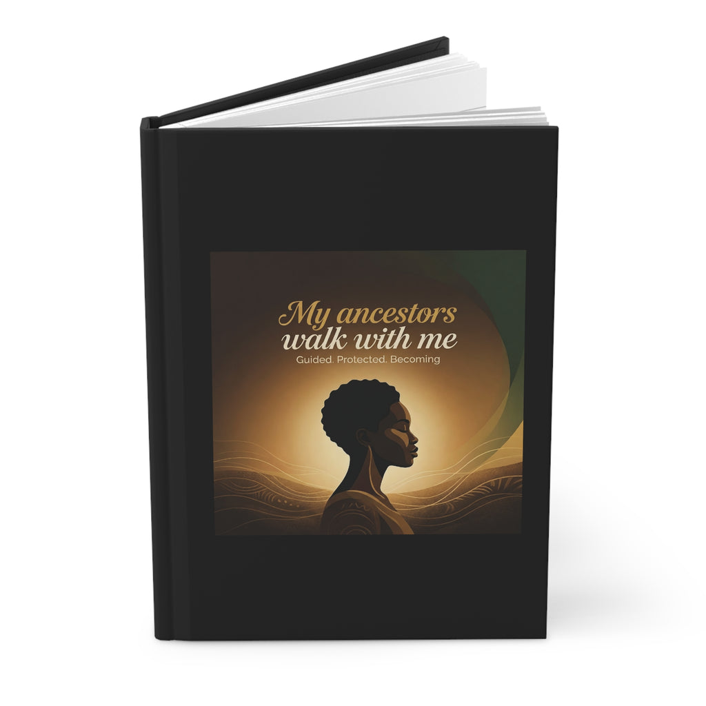 Hardcover journal titled "My Ancestors Walk With Me" from Printify, featuring an inspirational guided journal design.