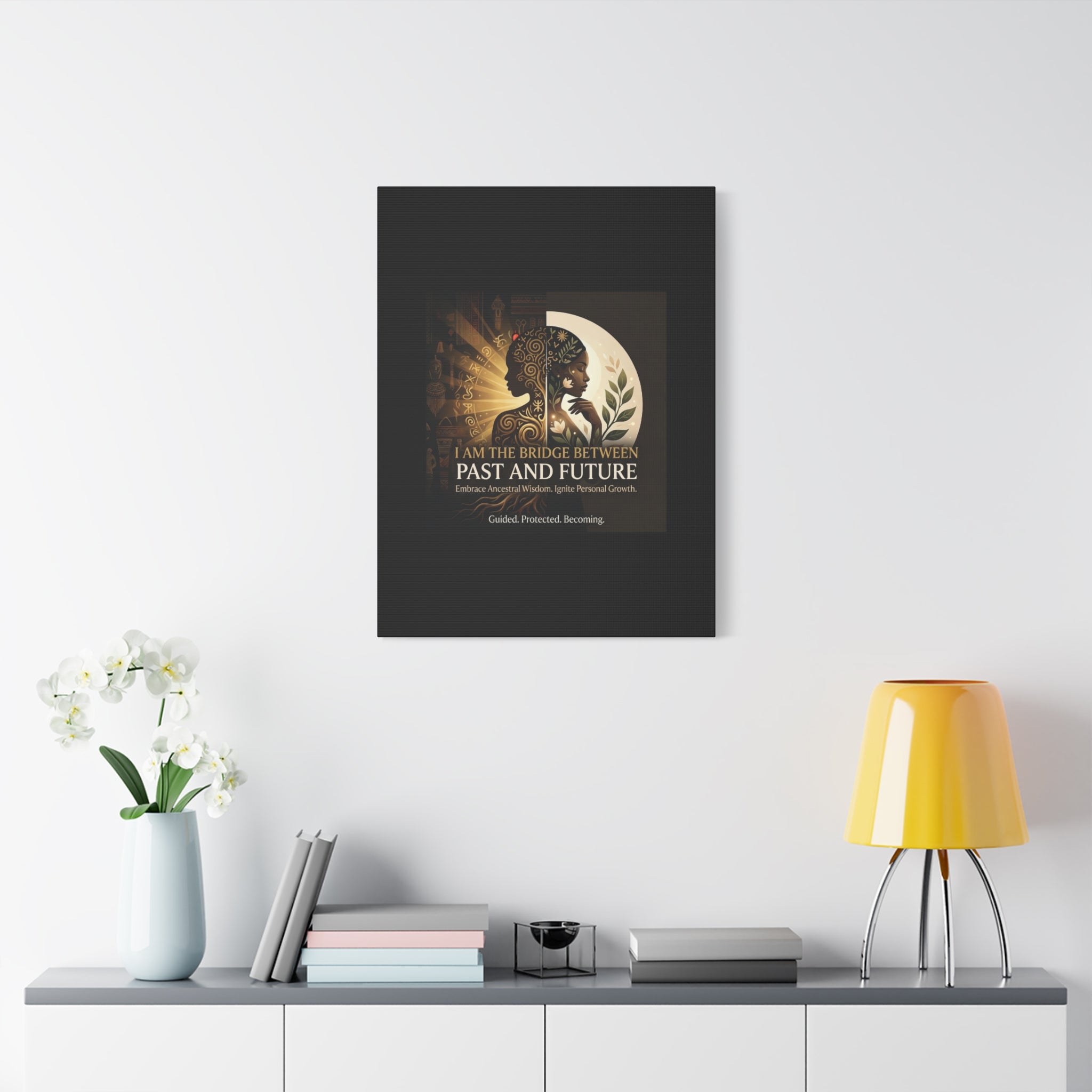 Canvas wall art titled "I Am the Bridge Between Past and Future" by Printify, featuring abstract design and vibrant colors.