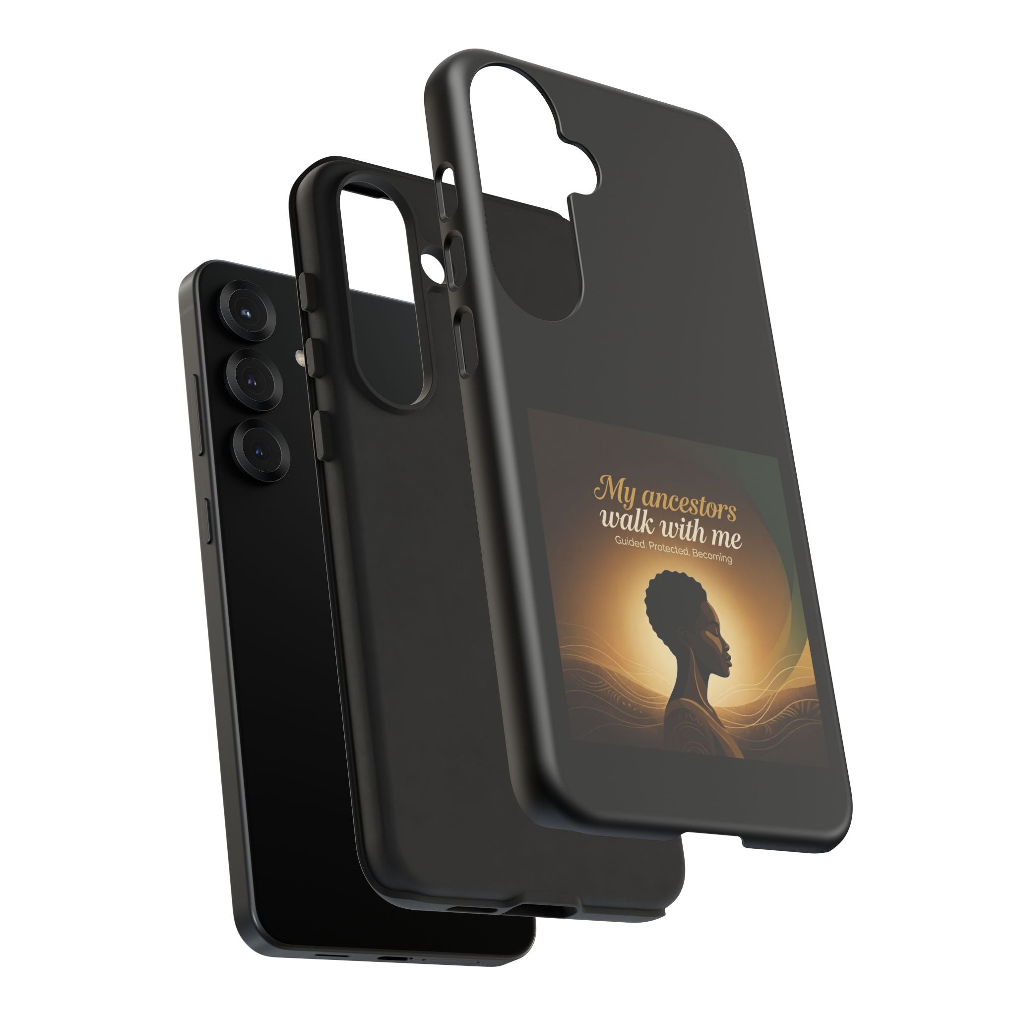 Black heritage phone case with inspirational design, protective cover for smartphones featuring "My Ancestors Walk With Me" text.