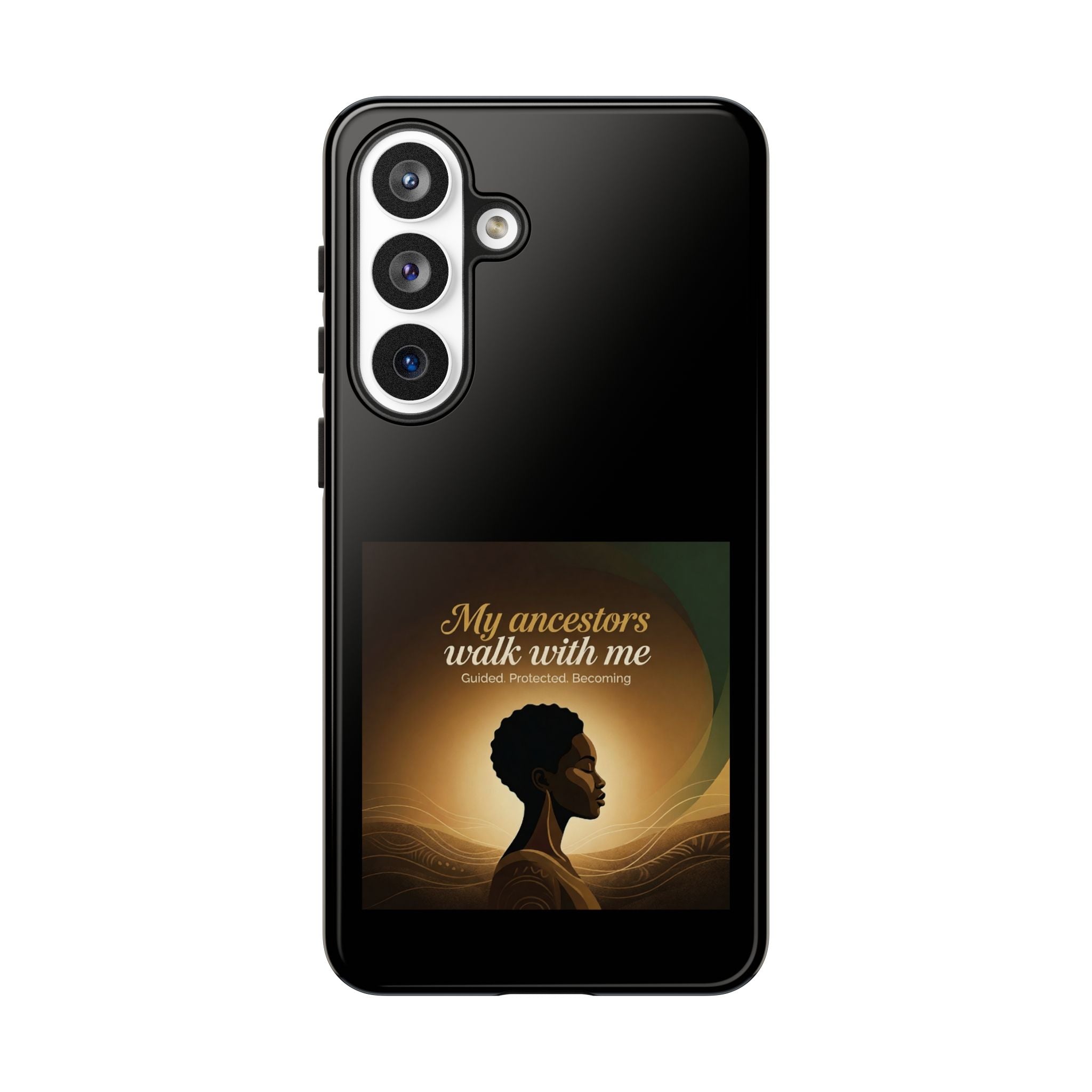 Black phone case with inspirational quote and cultural design, protective cover featuring heritage-inspired artwork.