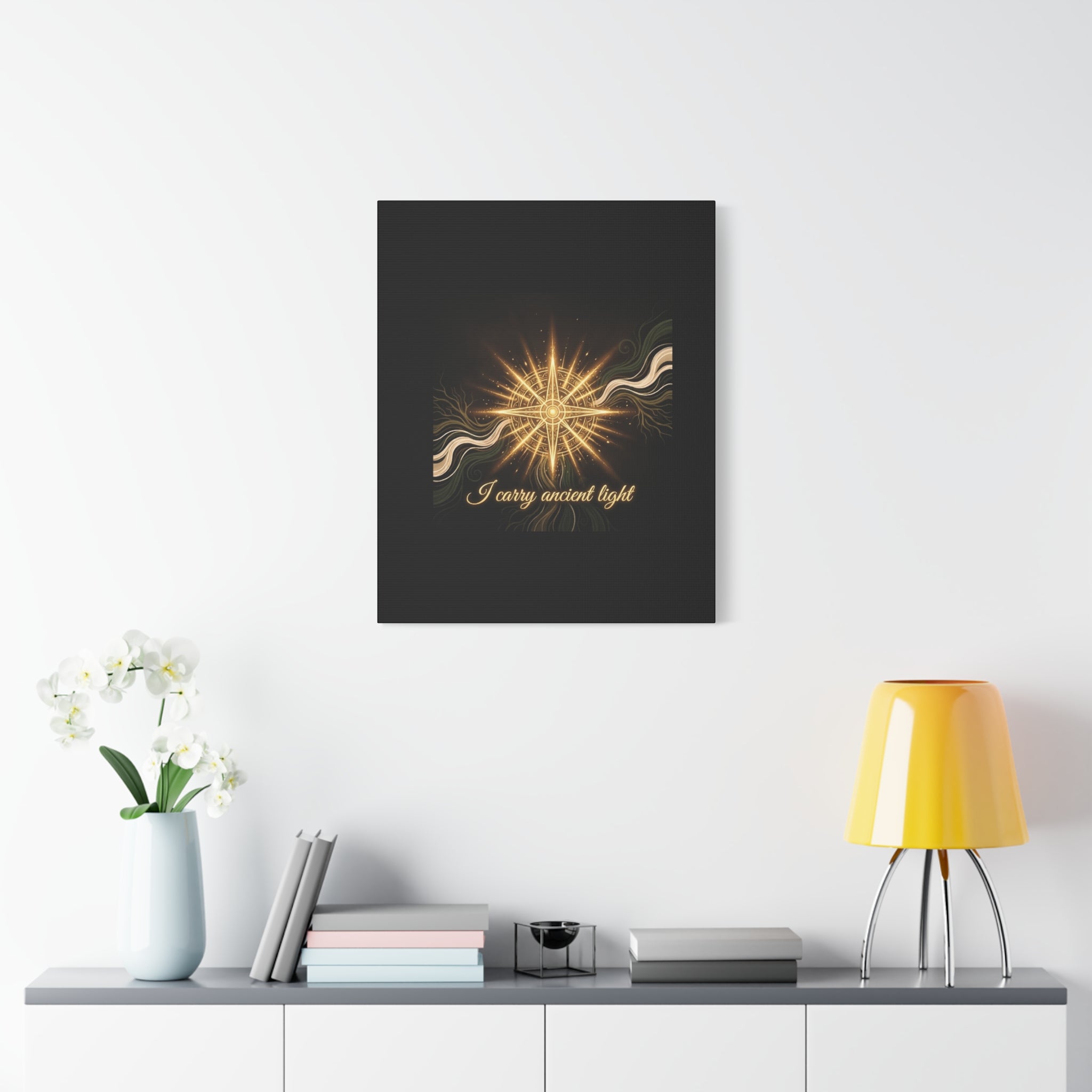 Matte canvas wall art featuring a golden compass design titled "I Carry Ancient Light" by Printify.