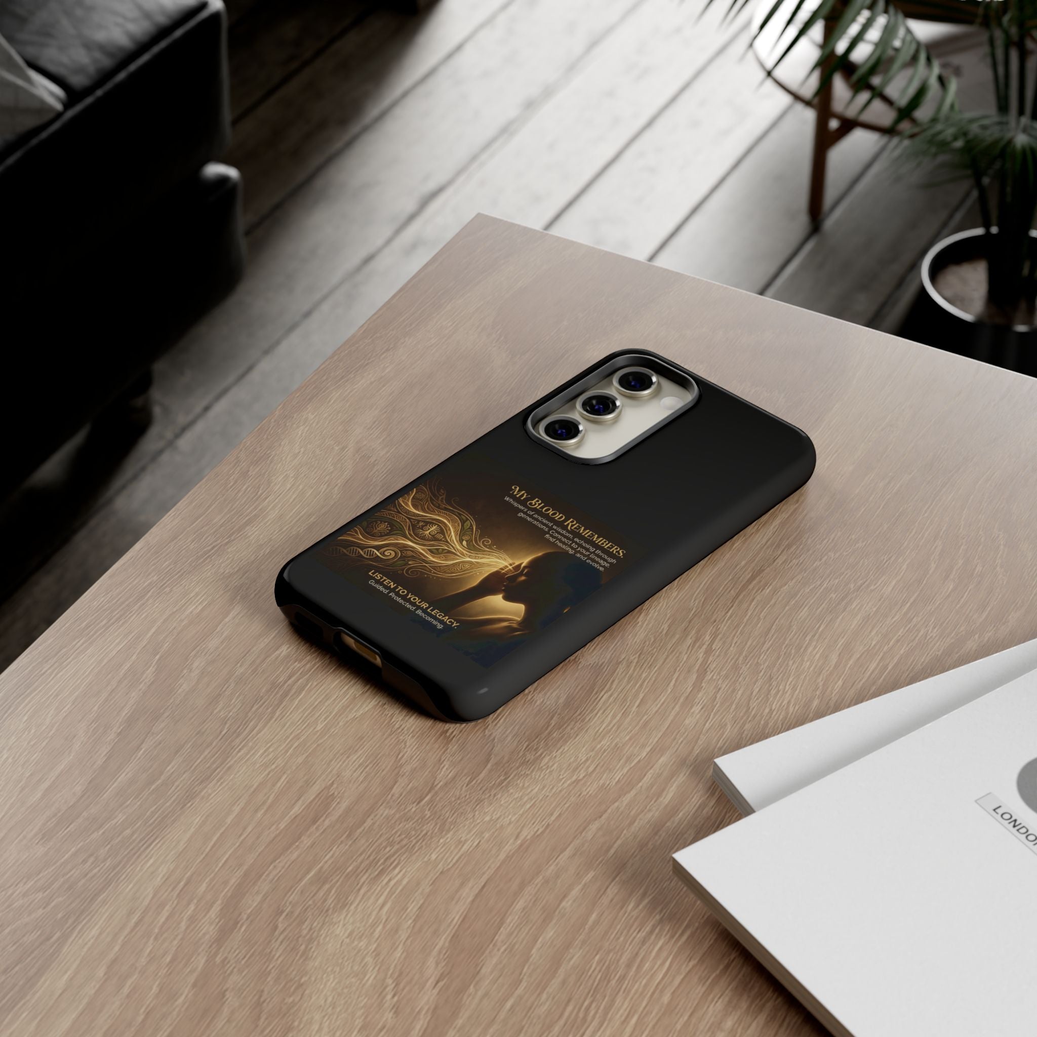 Inspirational Printify phone case featuring "My Blood Remembers" design, showcasing a tough protective exterior.