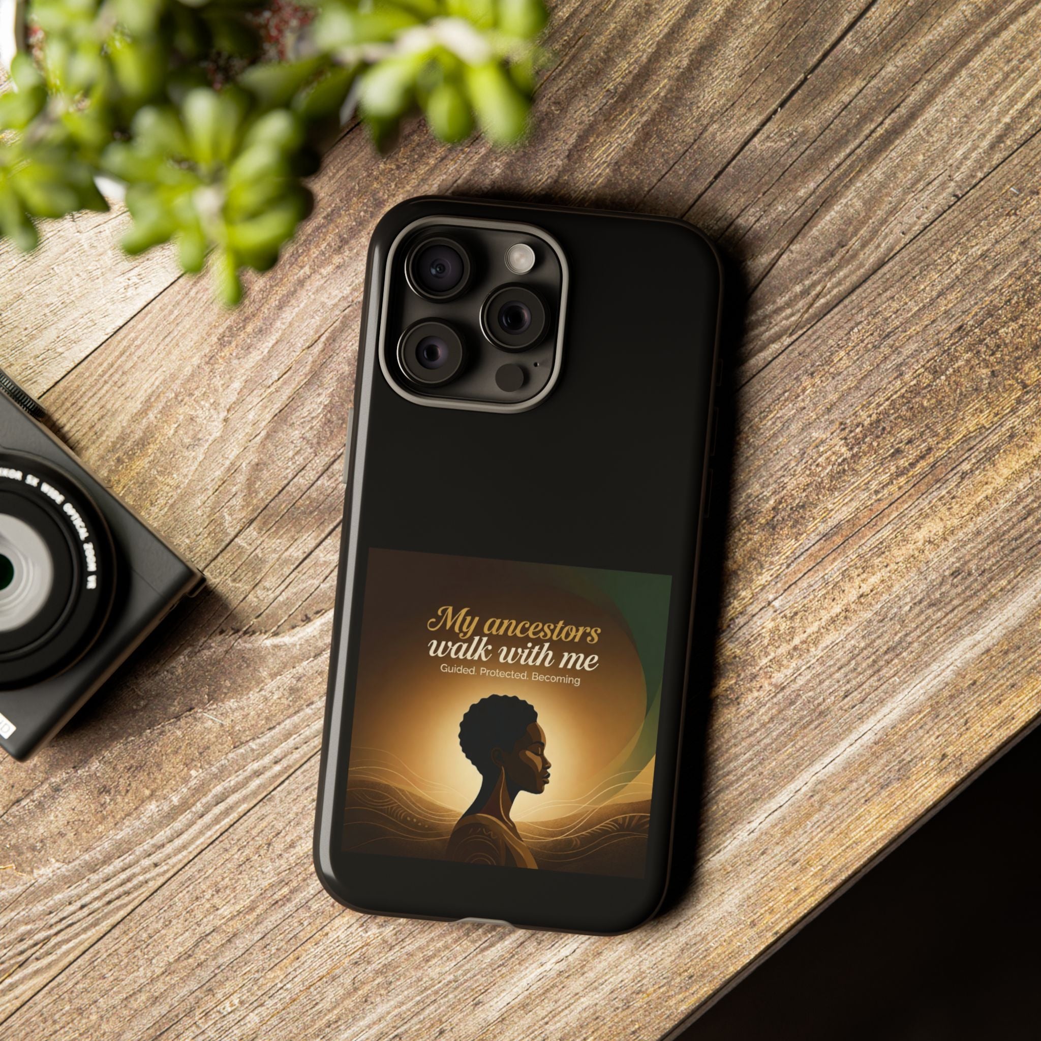 Black phone case with inspirational message honoring ancestors, designed for iPhone by Printify, protective and stylish.