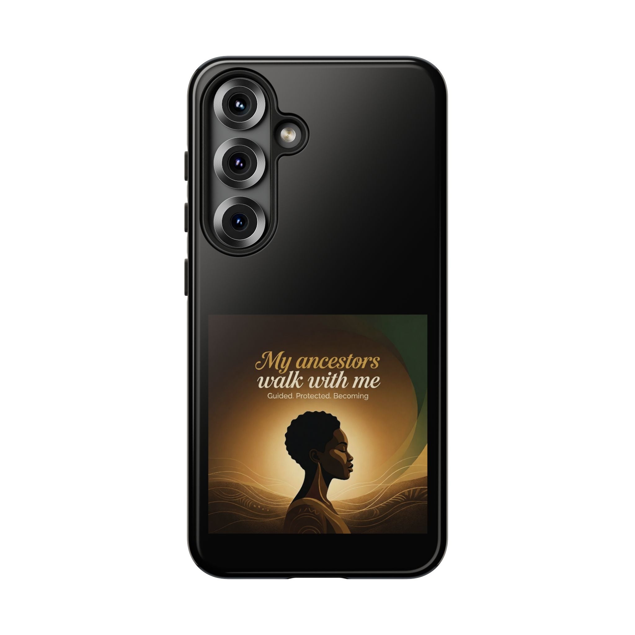 Black heritage phone case with inspirational quote and protective design, featuring artwork honoring ancestors for a stylish look.