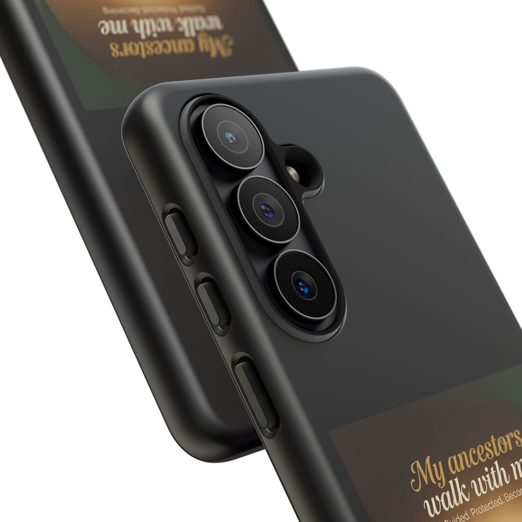 Black protective phone case with inspirational message honoring ancestors and Black heritage, designed for smartphones.