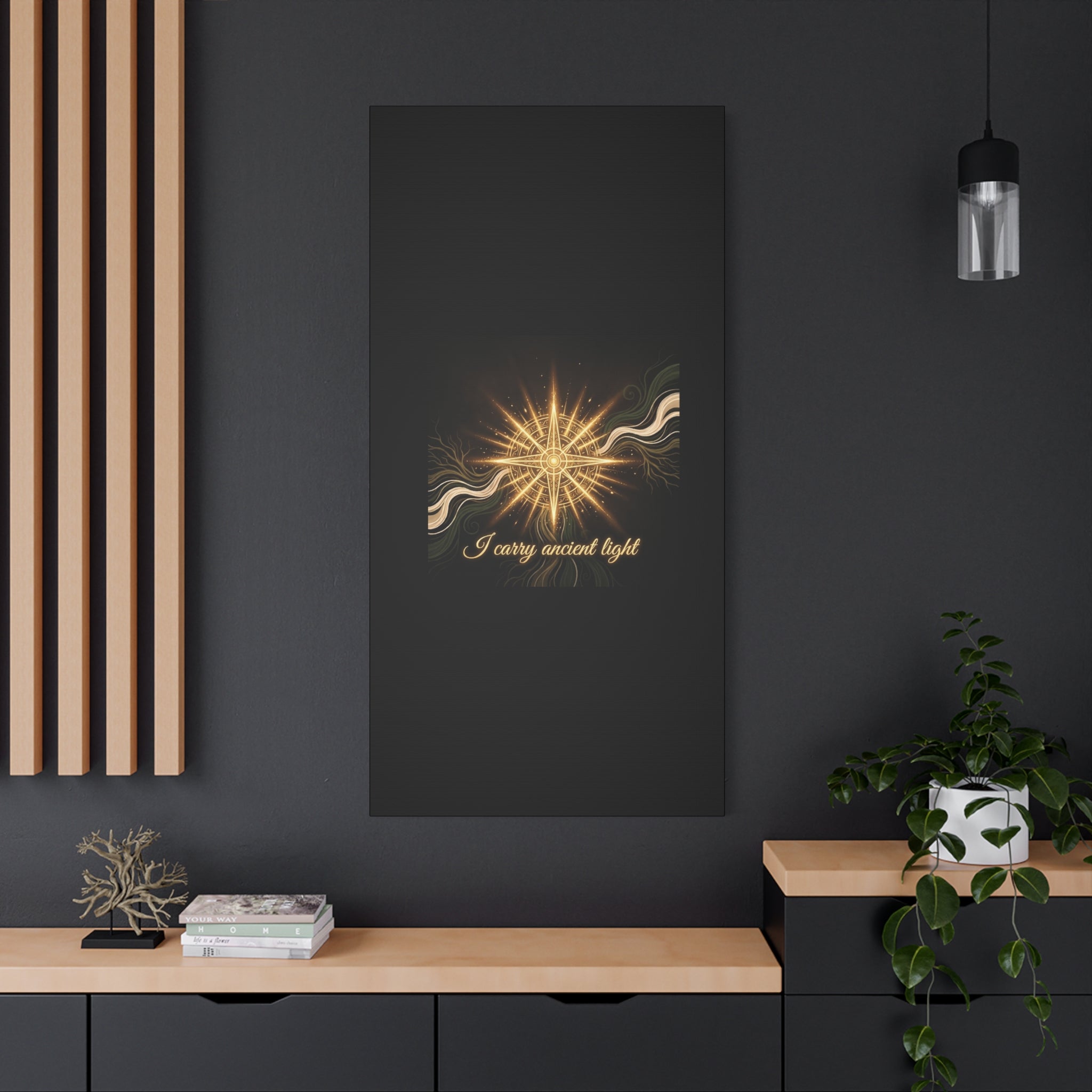 Matte canvas wall art titled "I Carry Ancient Light" featuring a golden compass design, by Printify.
