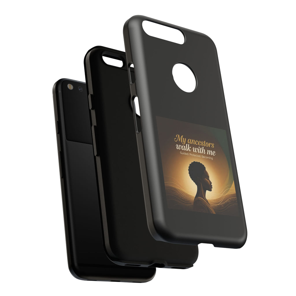Black phone case with inspirational design and heritage motif, protective cover for smartphones by Printify.