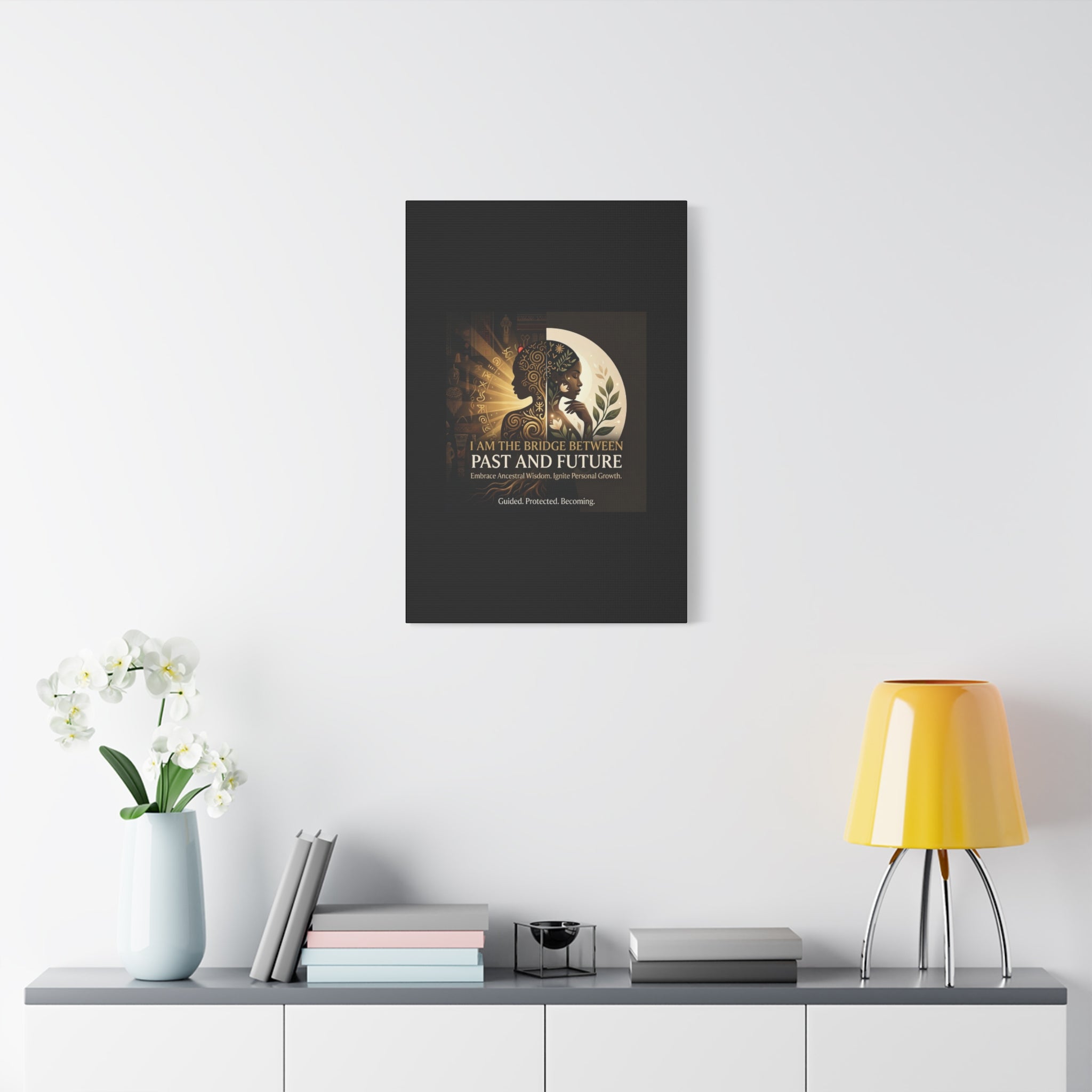 Canvas wall art titled "I Am the Bridge Between Past and Future" by Printify, featuring abstract imagery and vibrant colors.