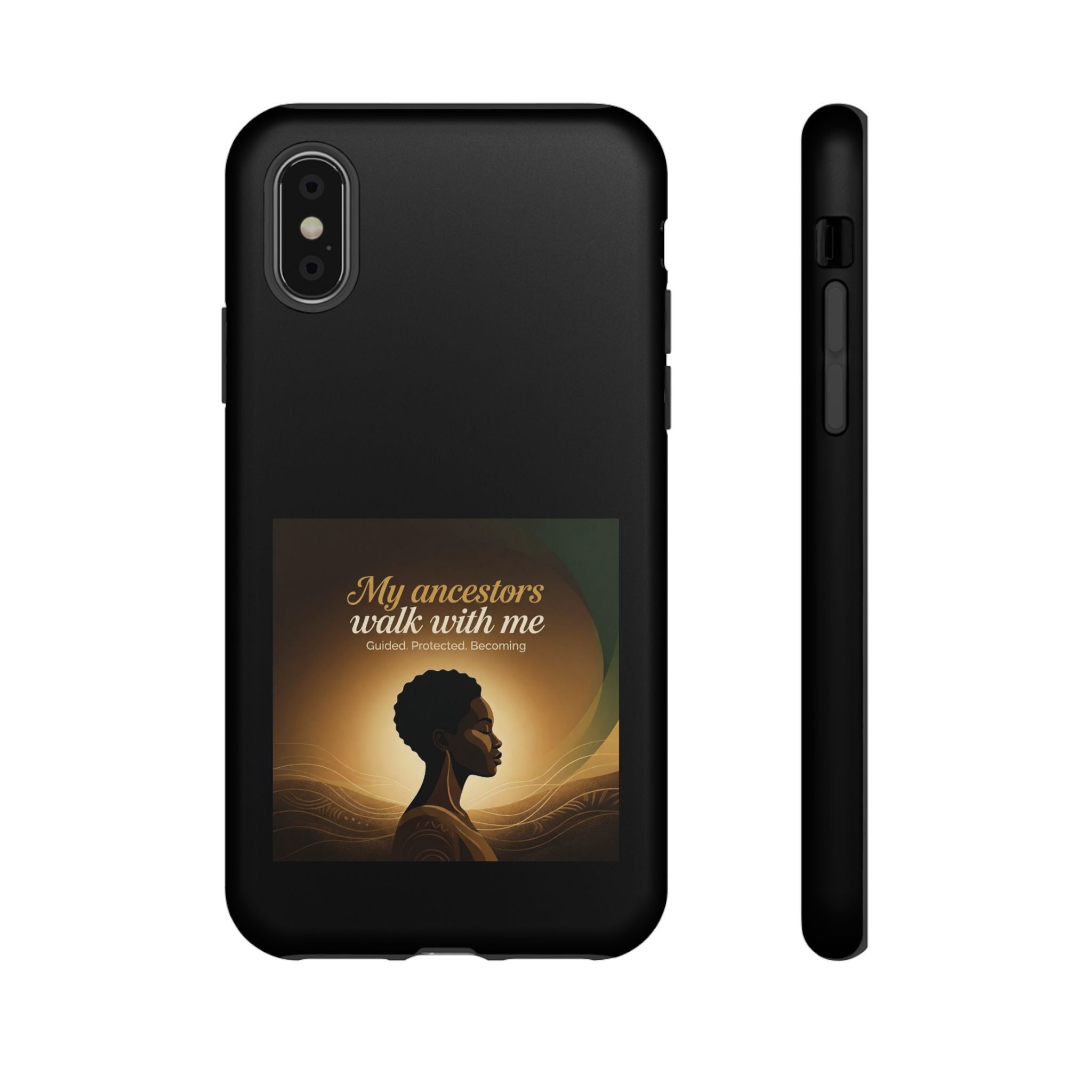 Black heritage phone case with inspirational quote, protective cover for smartphone, featuring artwork honoring ancestors.