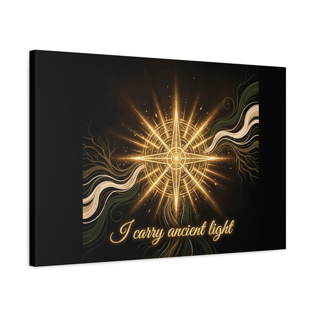 Matte canvas wall art featuring a golden compass design titled "I Carry Ancient Light" by Printify.