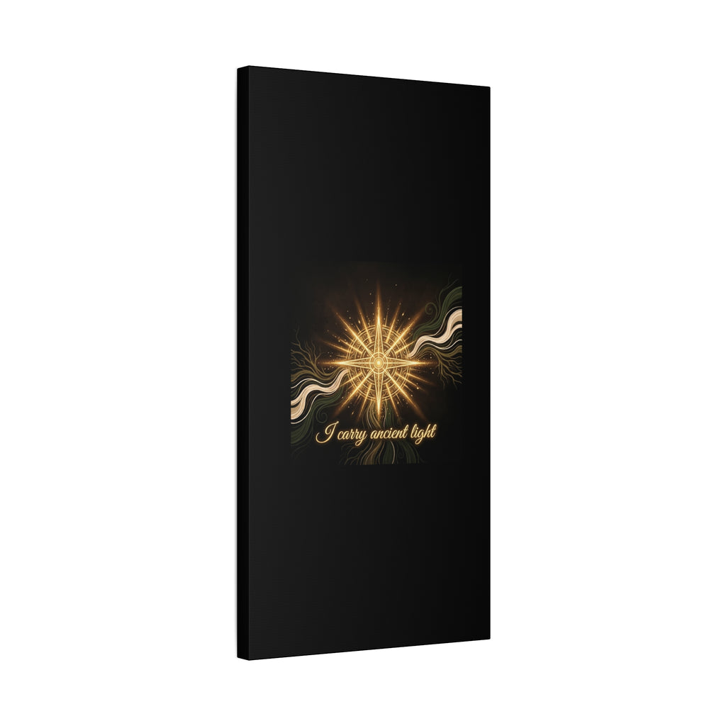 Matte canvas wall art featuring "I Carry Ancient Light" golden compass design, printed by Printify for elegant home decor.