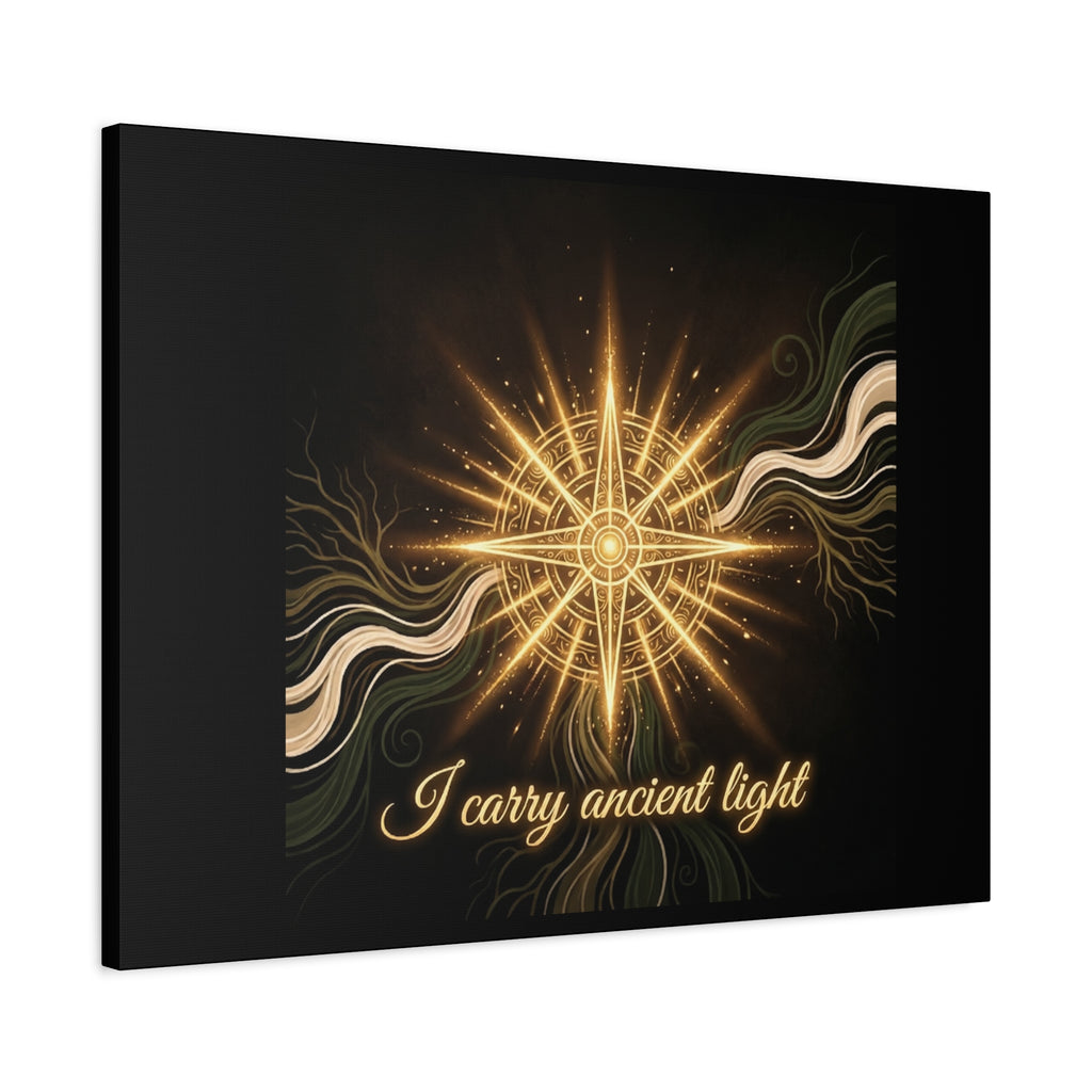 Matte canvas wall art titled "I Carry Ancient Light" featuring a golden compass design, printed by Printify.
