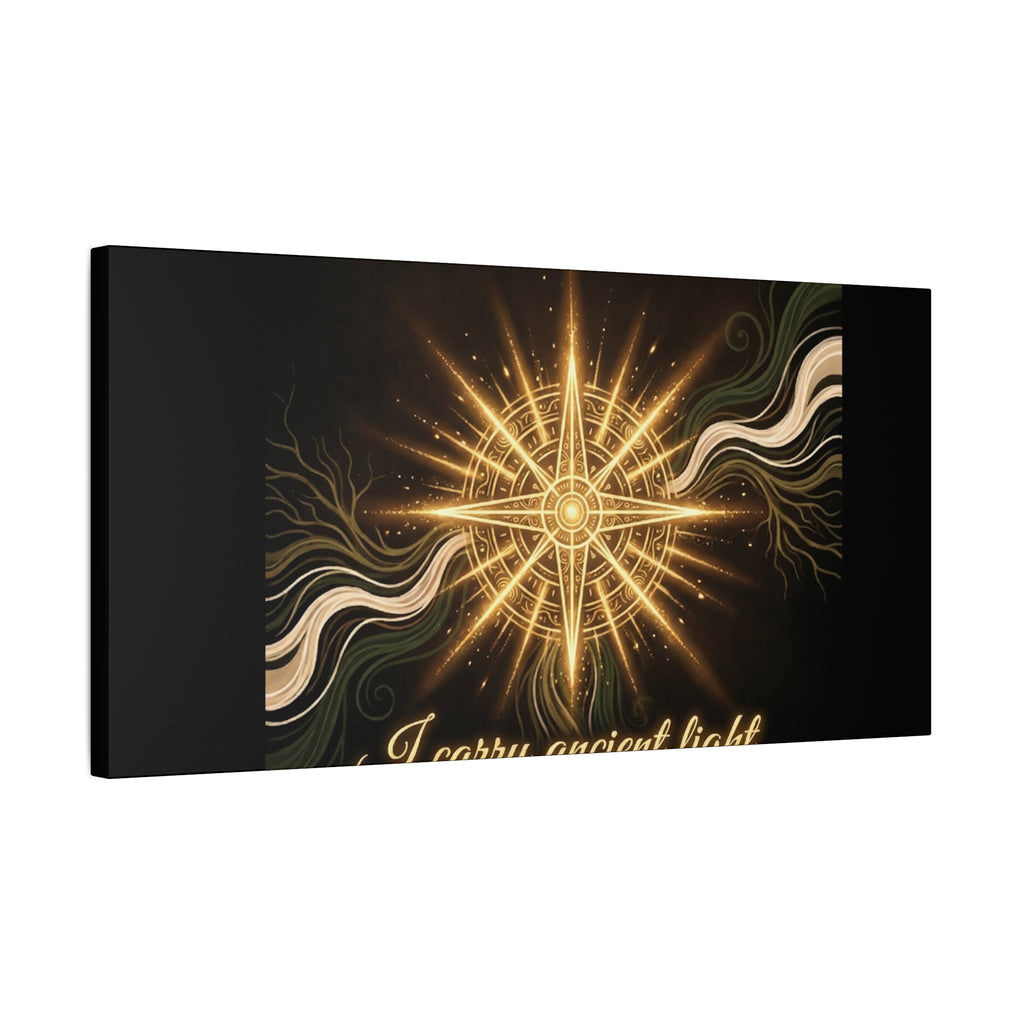 Matte canvas wall art titled "I Carry Ancient Light" featuring a golden compass design, perfect for literary or nautical decor.