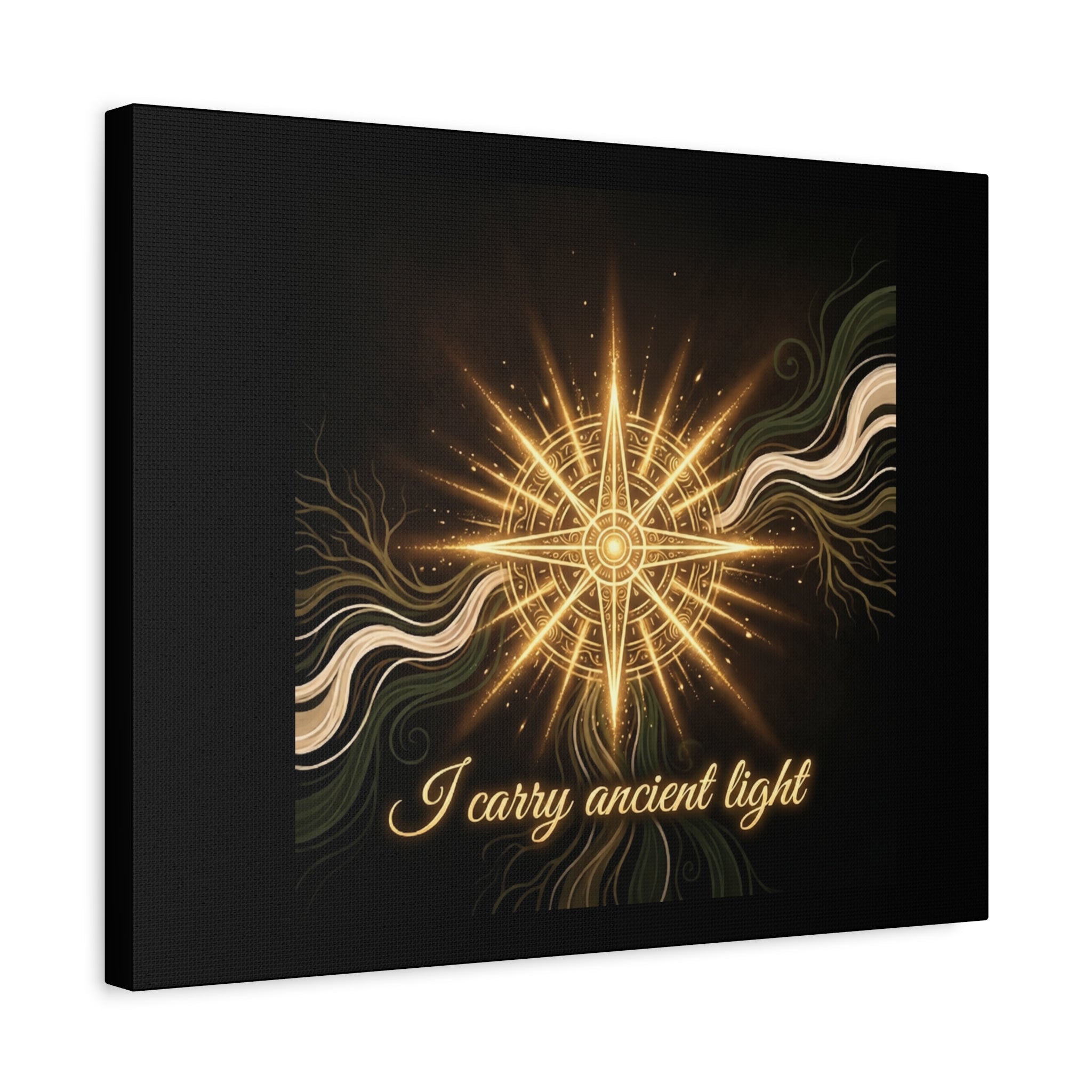 Matte canvas wall art featuring a golden compass design titled "I Carry Ancient Light" by Printify.