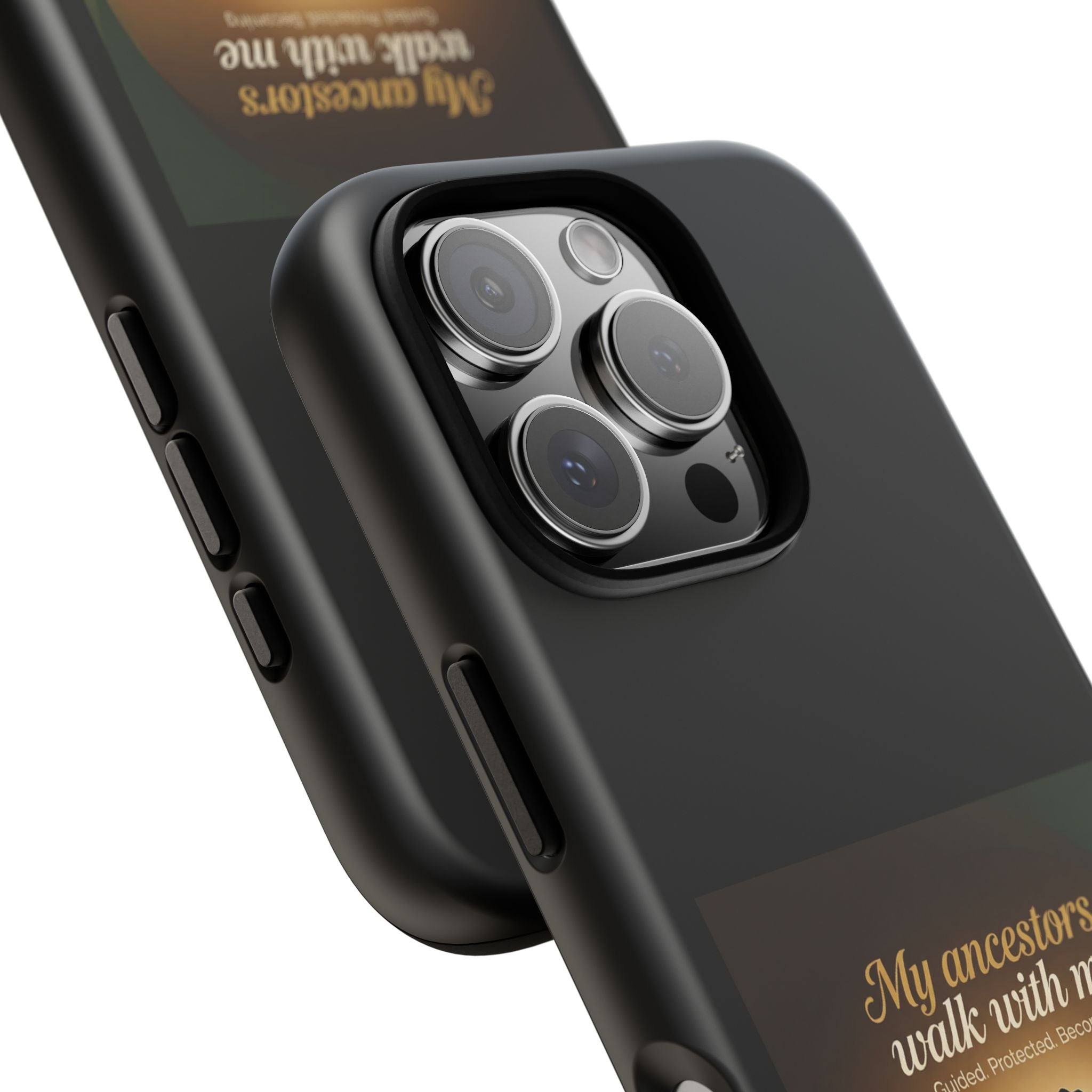 Black phone case with inspirational text "My Ancestors Walk With Me" designed for iPhone, featuring a protective cover with heritage theme.