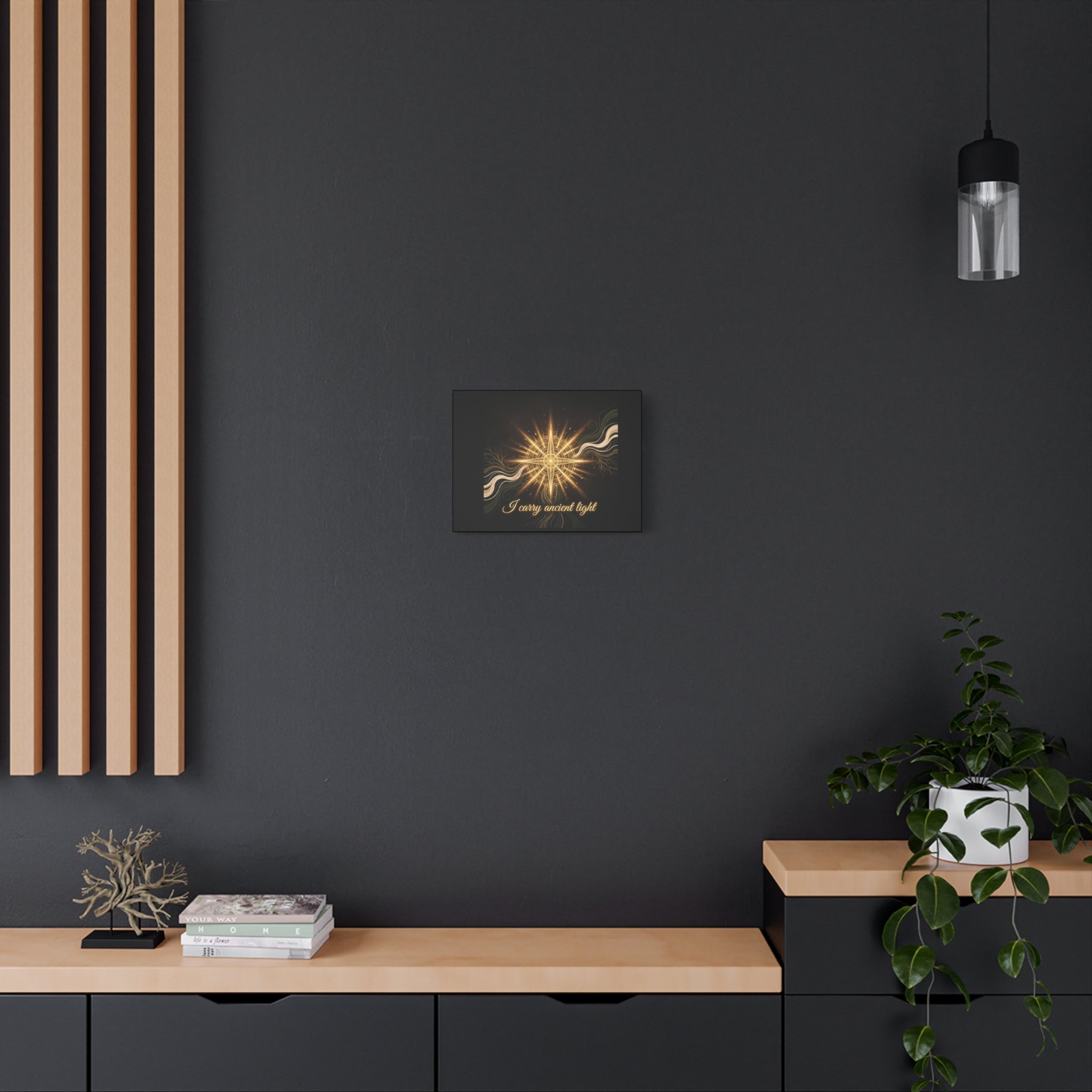Matte canvas wall art titled "I Carry Ancient Light" featuring a golden compass design for wall decor.