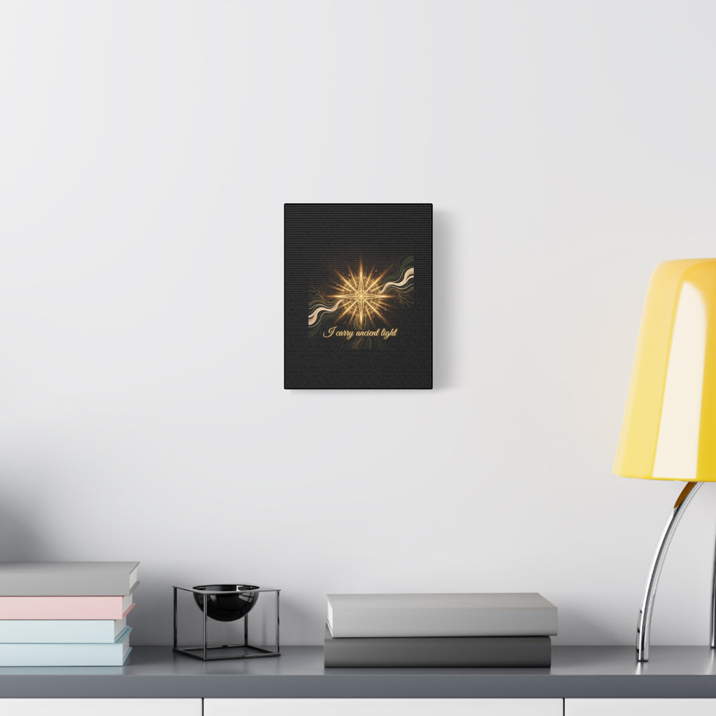 Matte canvas wall art titled "I Carry Ancient Light" featuring a golden compass design, decorative wall decor by Printify