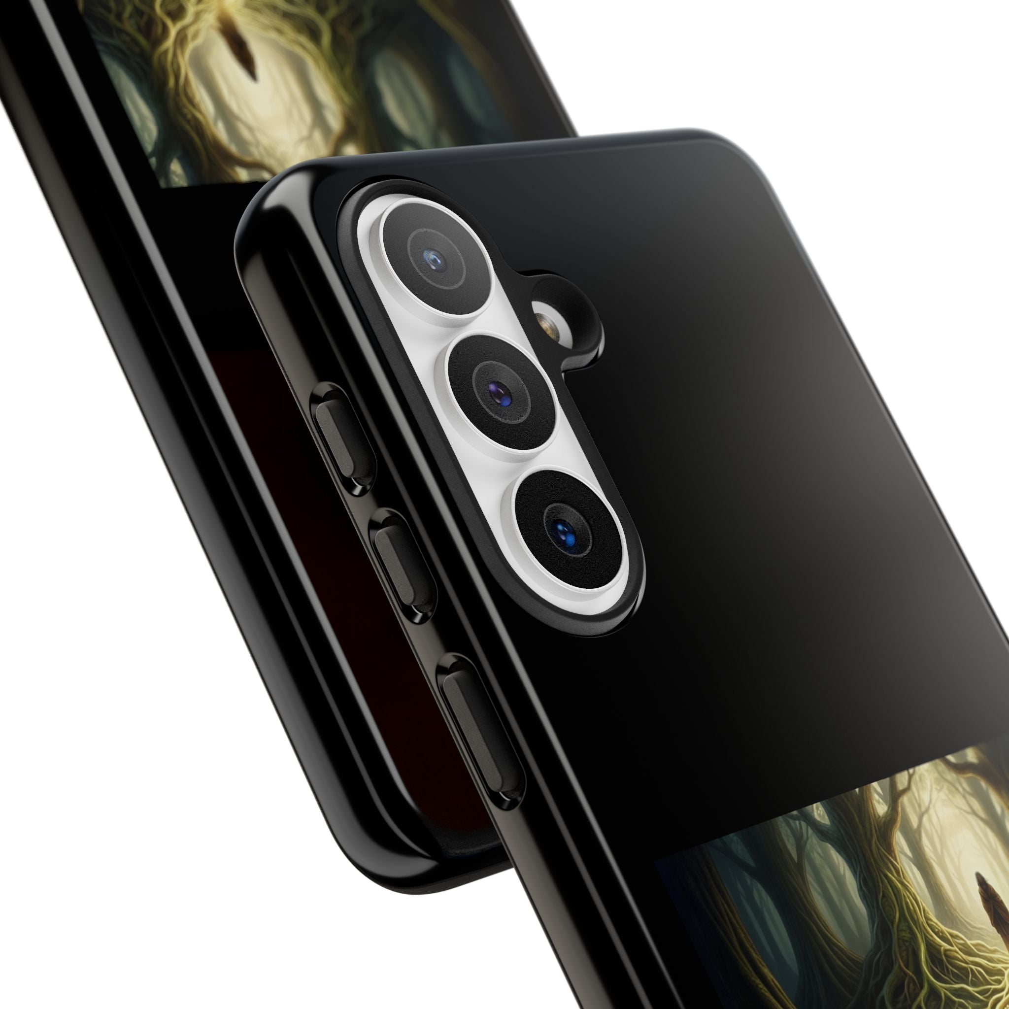 Printify phone case with forest trail design and the quote "I Honor the Footsteps I Follow" on a protective cover.