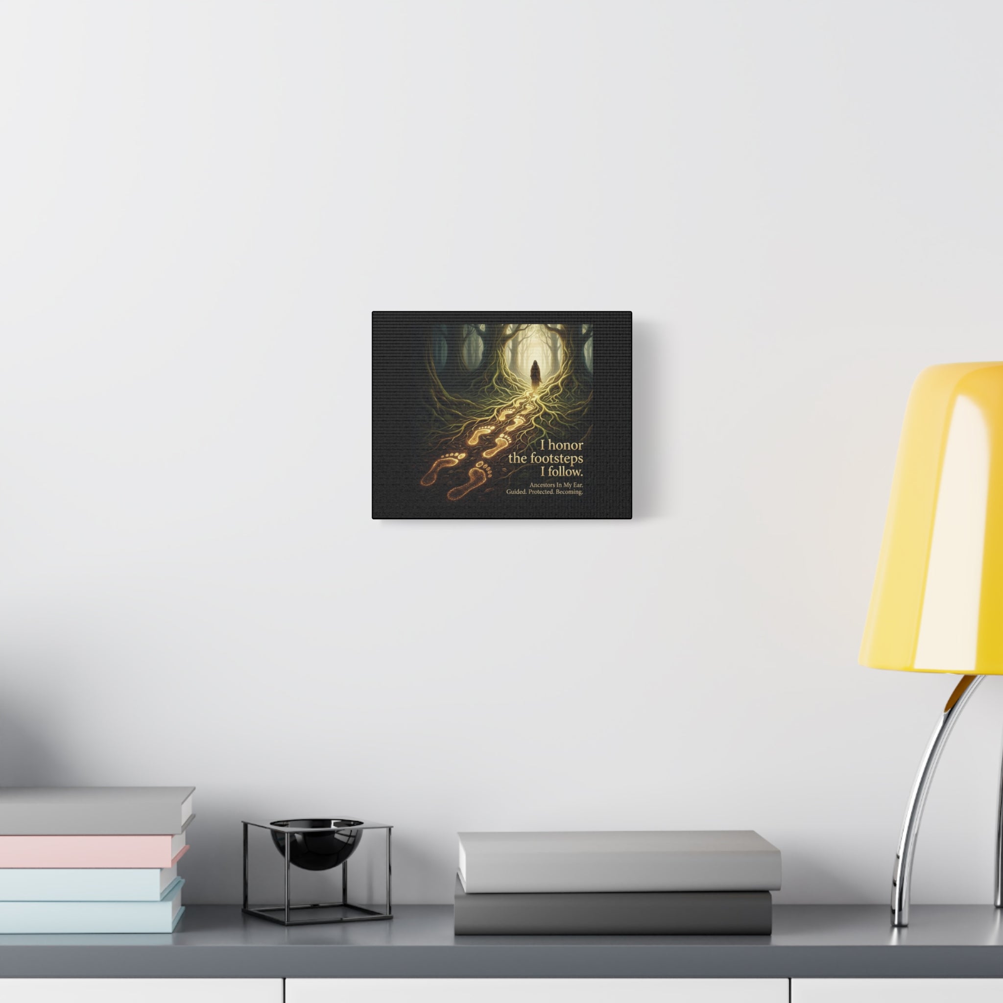 Matte canvas wall art featuring an ancestral forest spiritual print with the quote "I Honor the Footsteps I Follow" by Printify.