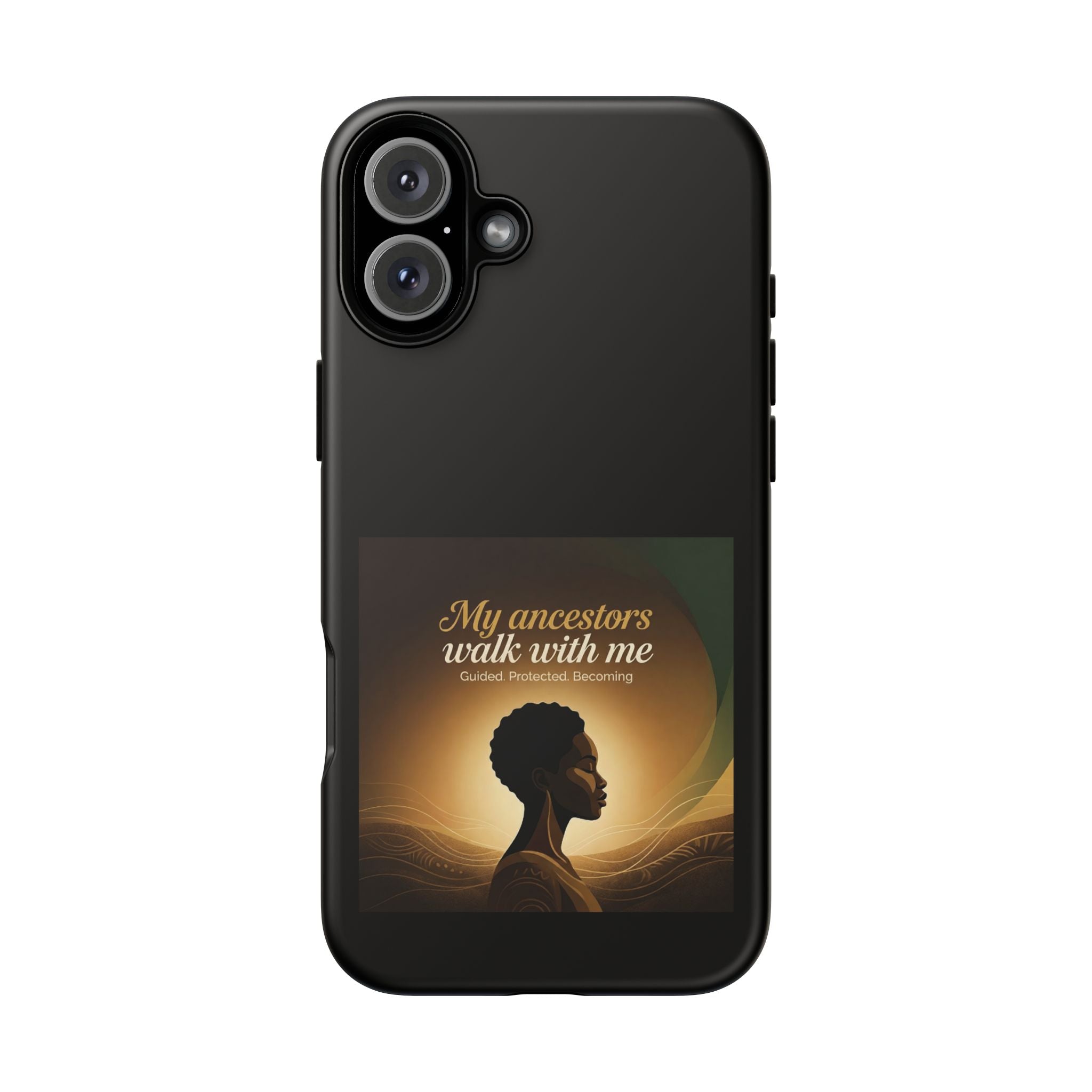Black phone case with inspirational quote and African heritage design, protective cover for smartphones by Printify.