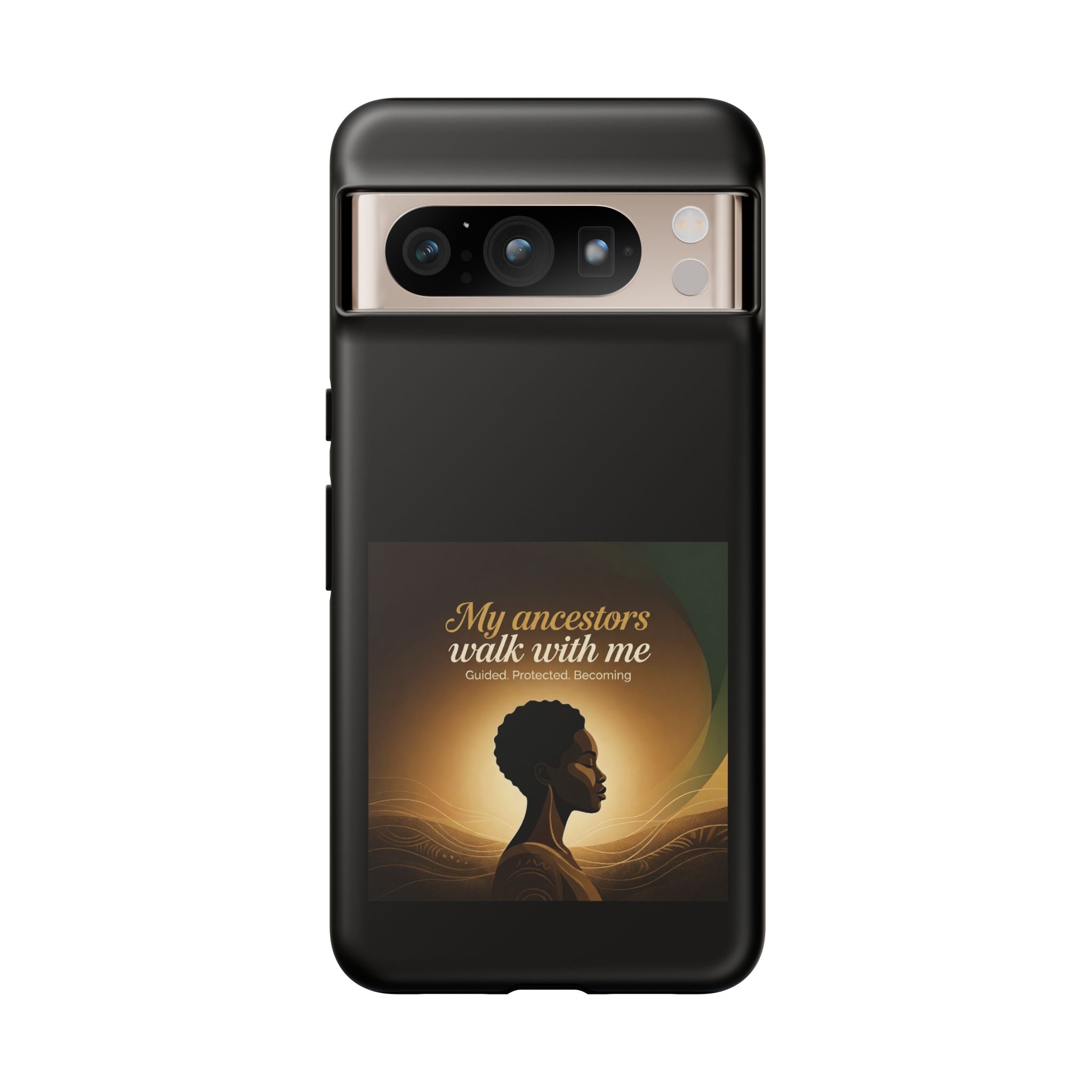Black phone case with inspirational quote and heritage design, protective cover for smartphones by Printify.