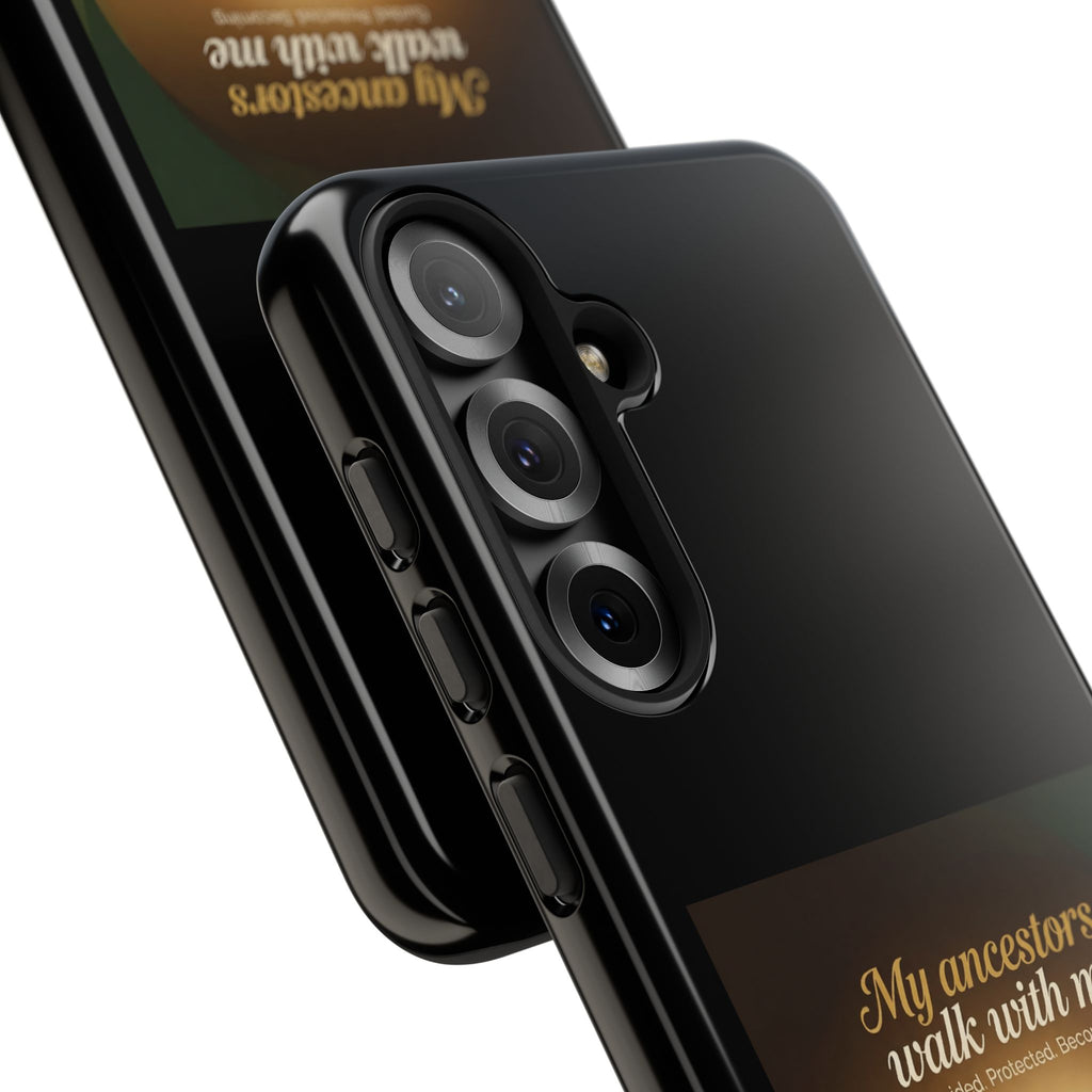 Black phone case with inspirational text "My Ancestors Walk With Me" for iPhone, protective cover celebrating Black heritage.