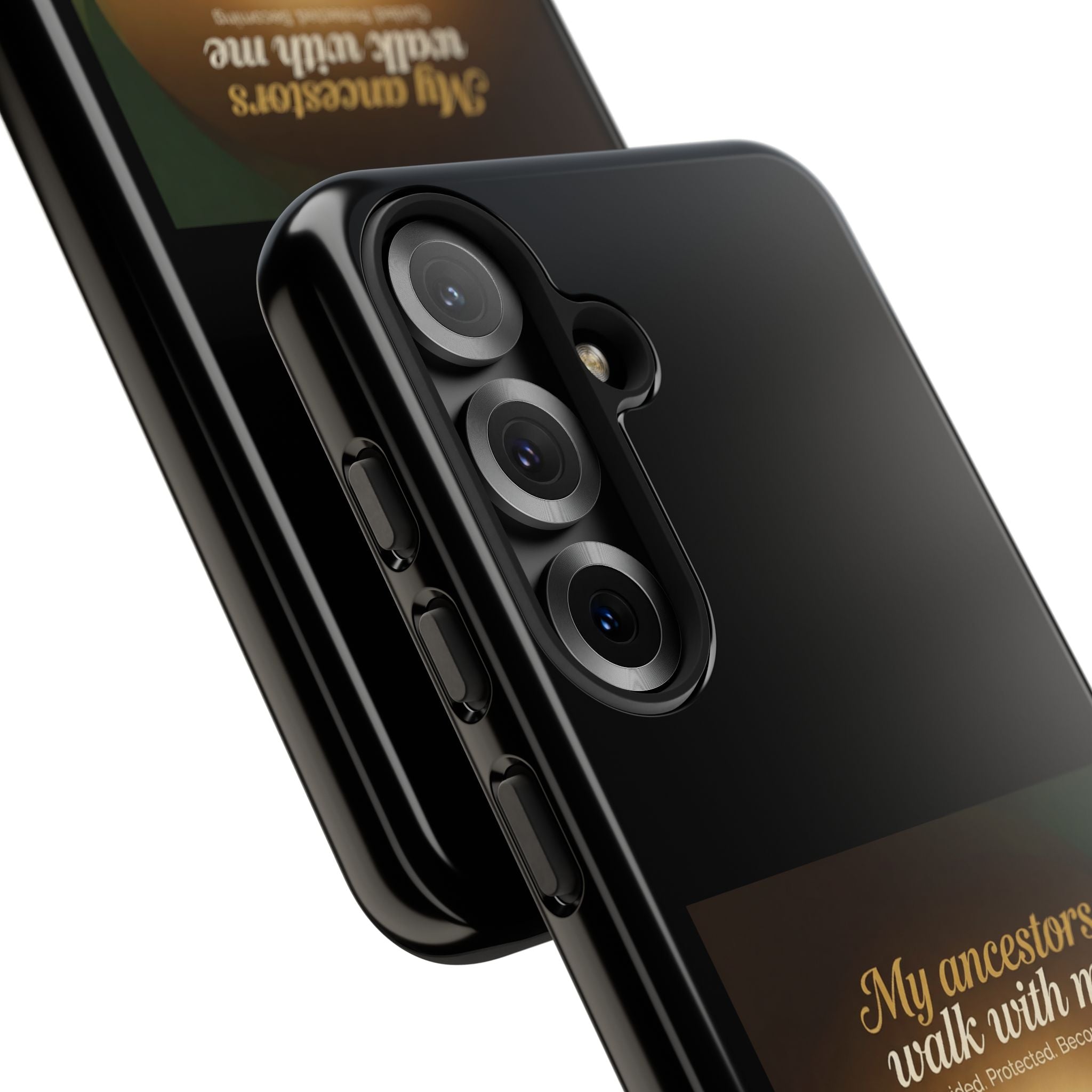Black phone case with inspirational text "My Ancestors Walk With Me" for iPhone, protective cover celebrating Black heritage.