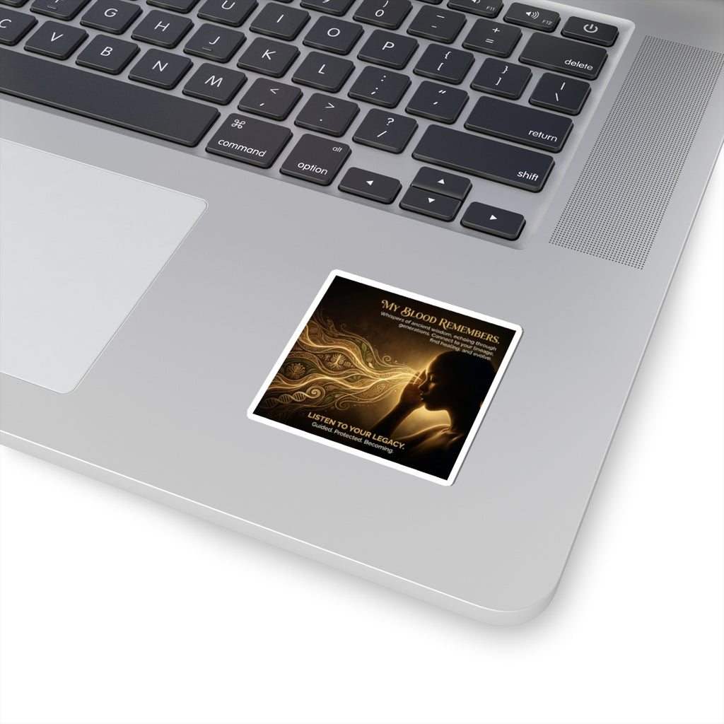 Kiss-cut sticker featuring "My Blood Remembers" ancestral wisdom illustration by Printify on a white background.