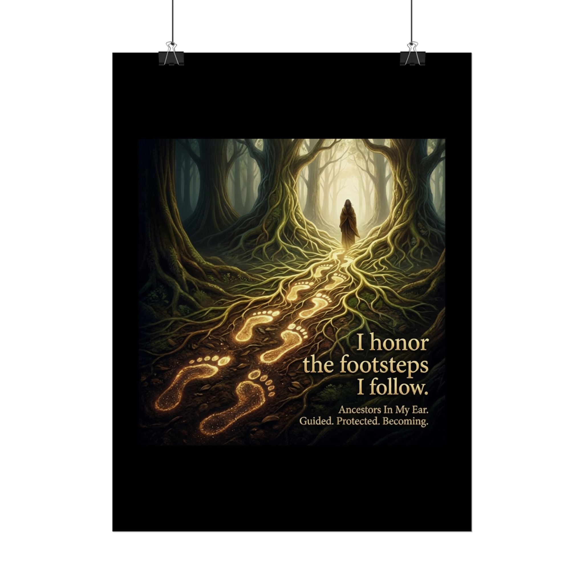 Rolled forest-themed art print poster with inspirational quote "I Honor the Footsteps I Follow" by Printify.