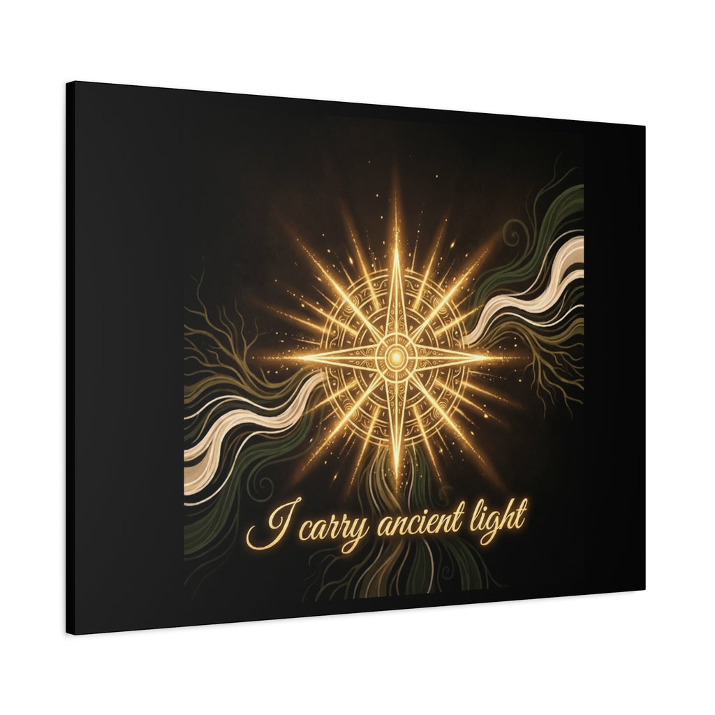 Matte canvas wall art featuring a golden compass design titled "I Carry Ancient Light" by Printify, ideal for wall decor.