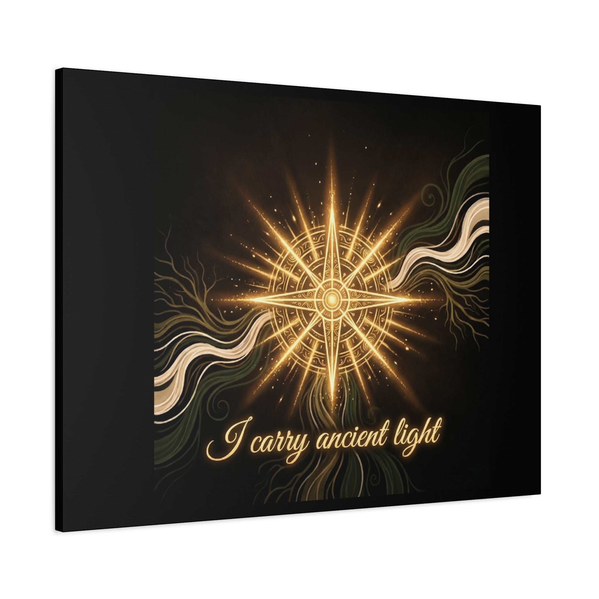 Matte canvas wall art featuring a golden compass design titled "I Carry Ancient Light" by Printify, ideal for wall decor.