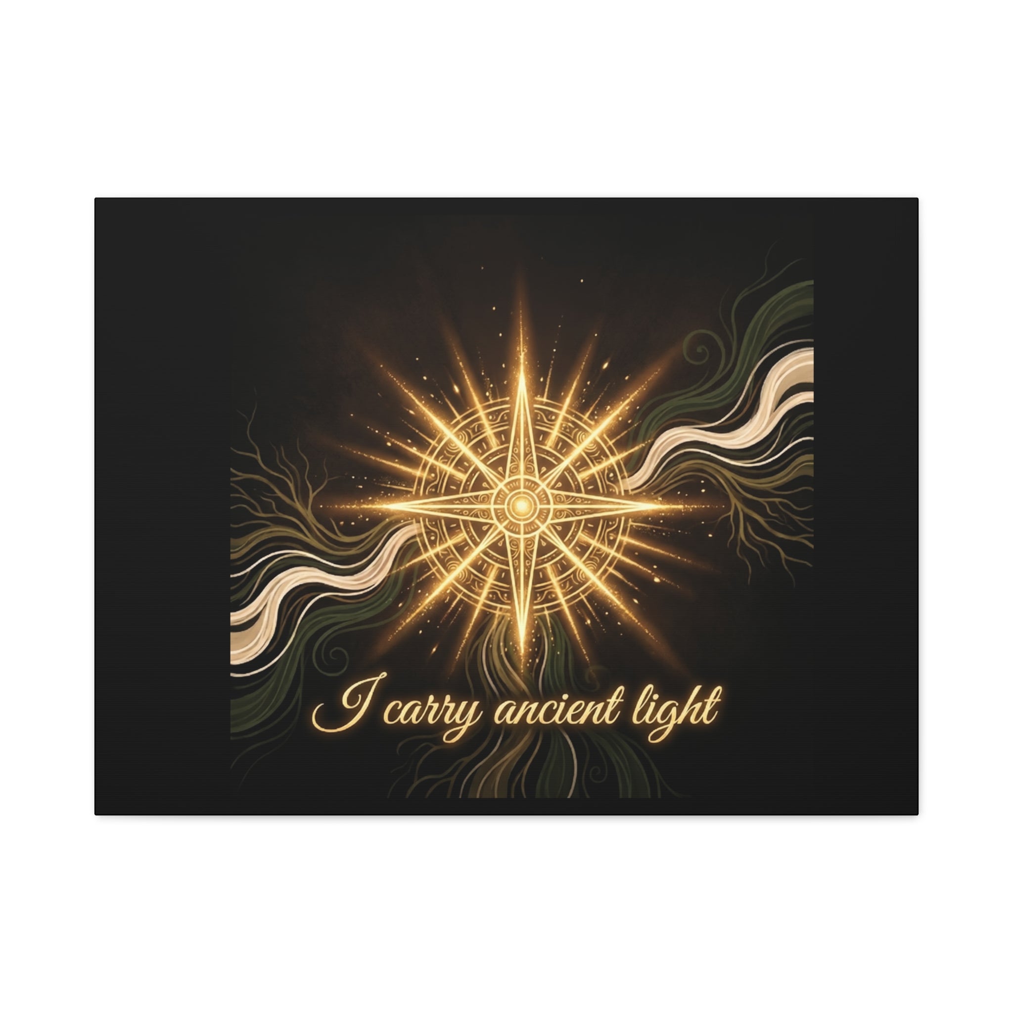 Matte canvas wall art titled "I Carry Ancient Light" featuring a golden compass design, printed by Printify.