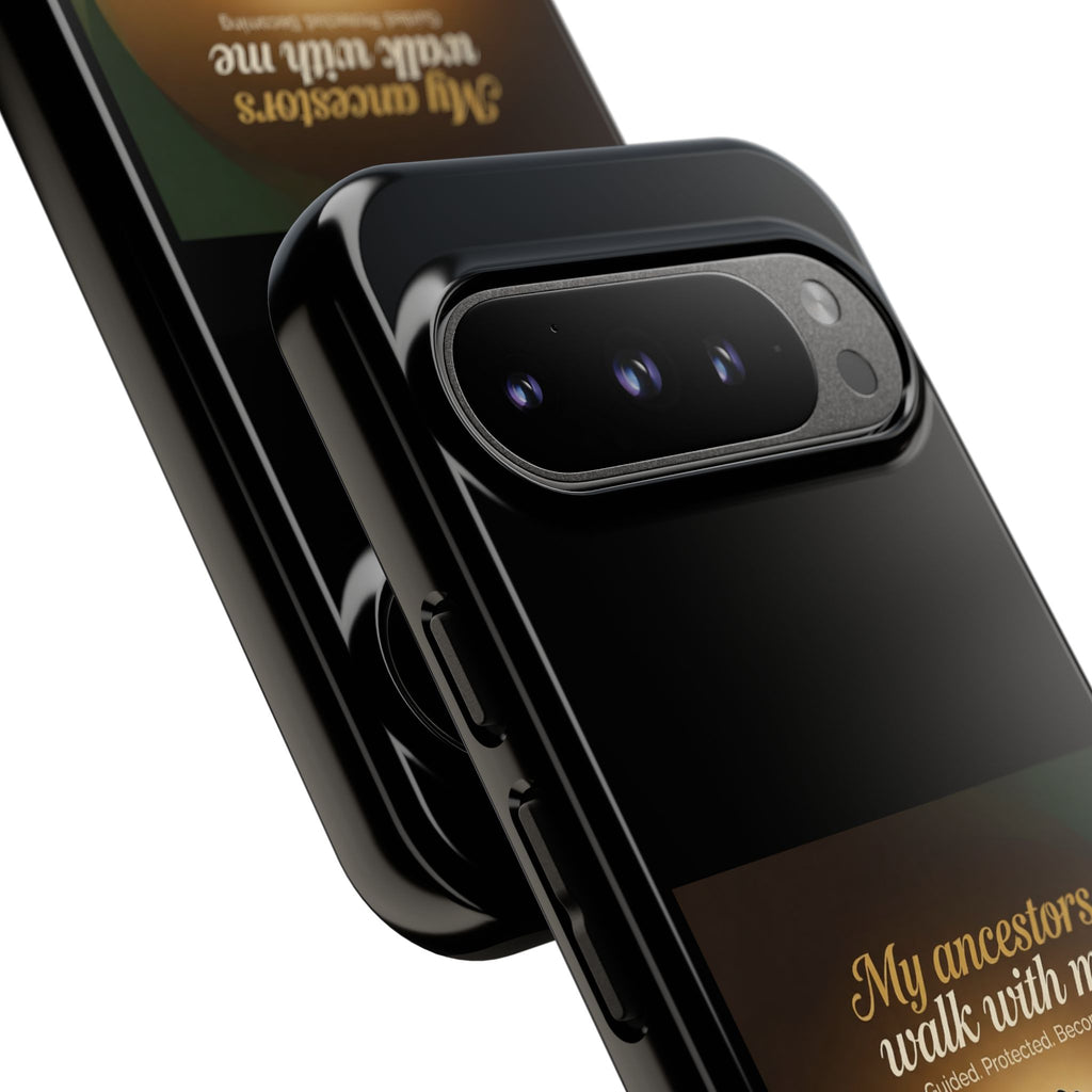 Black heritage phone case with inspirational message and protective design, suitable for smartphones, by Printify.