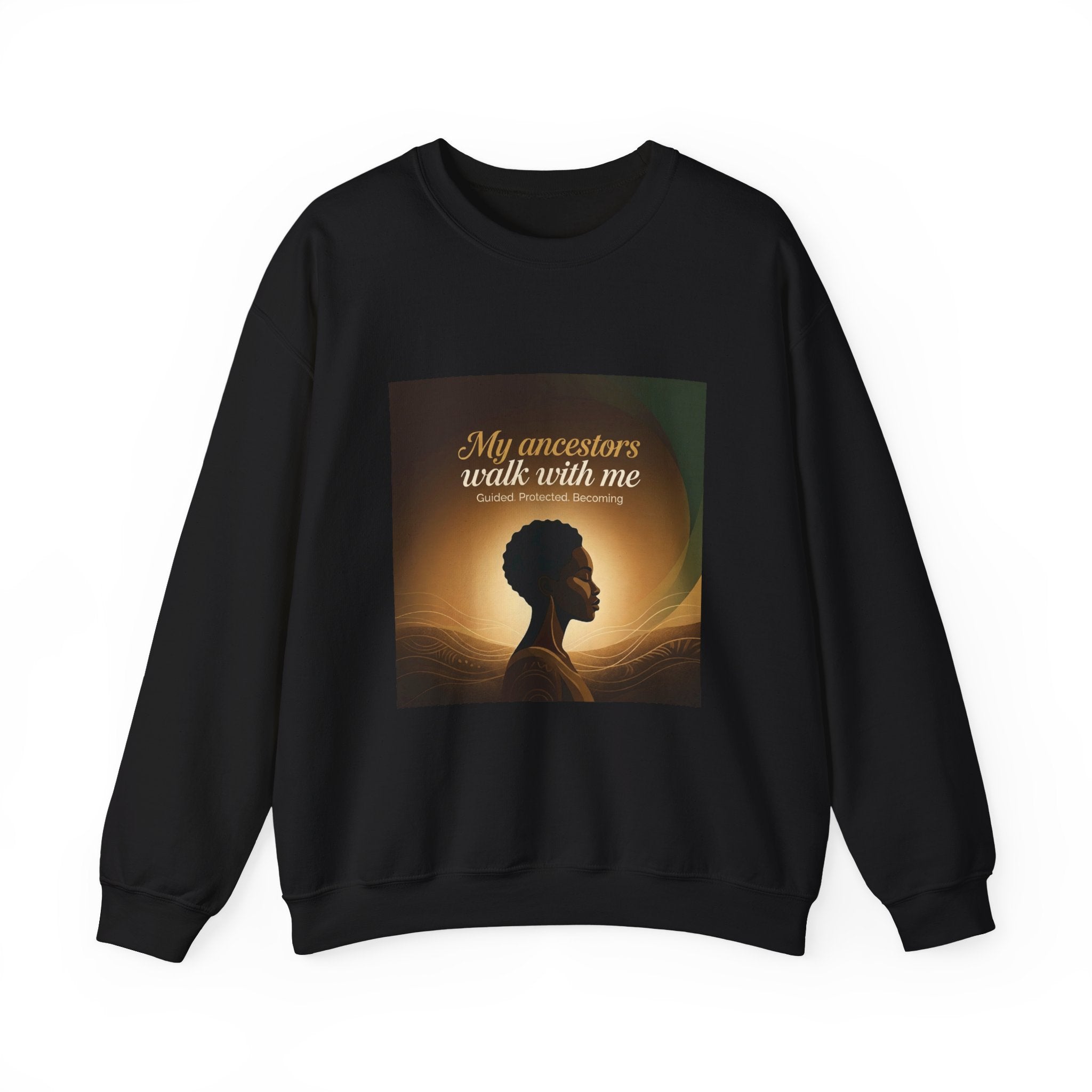 Gray Ancestral Pride crewneck sweatshirt with "My Ancestors Walk With Me" graphic and printed design, casual and comfortable fit.