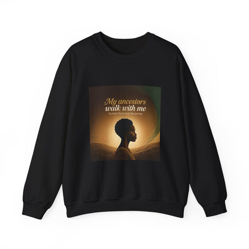 Gray Ancestral Pride crewneck sweatshirt with "My Ancestors Walk With Me" graphic and printed design, casual and comfortable fit.