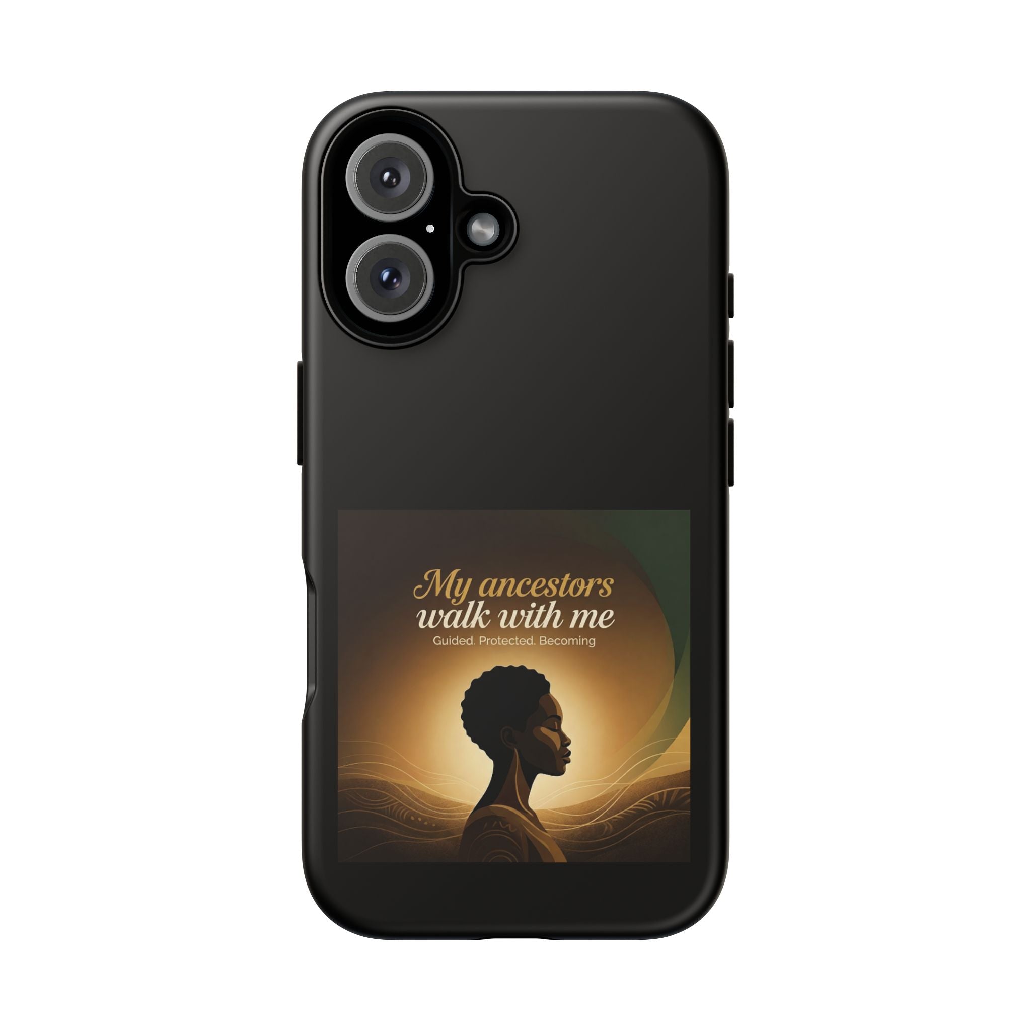 Black heritage phone case with inspirational design, protective cover for smartphones, featuring meaningful artwork and message.