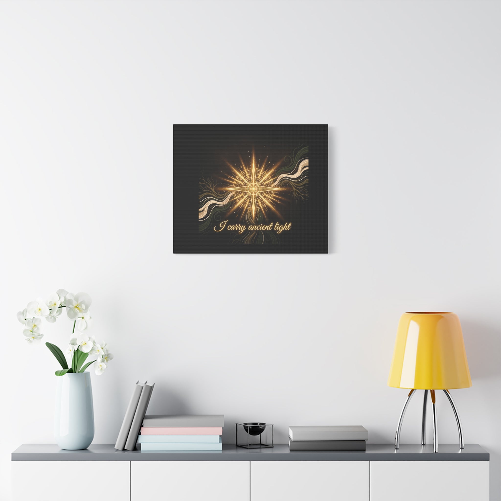Matte canvas wall art titled "I Carry Ancient Light" featuring a golden compass design, by Printify.
