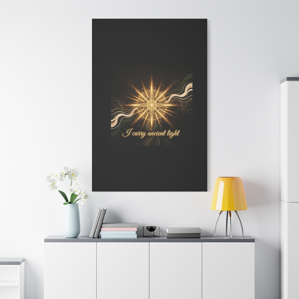 Matte canvas wall art featuring a golden compass design with the quote "I Carry Ancient Light" by Printify.