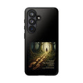 Printify phone case with forest trail design and inspirational text "I Honor the Footsteps I Follow" on protective cover.