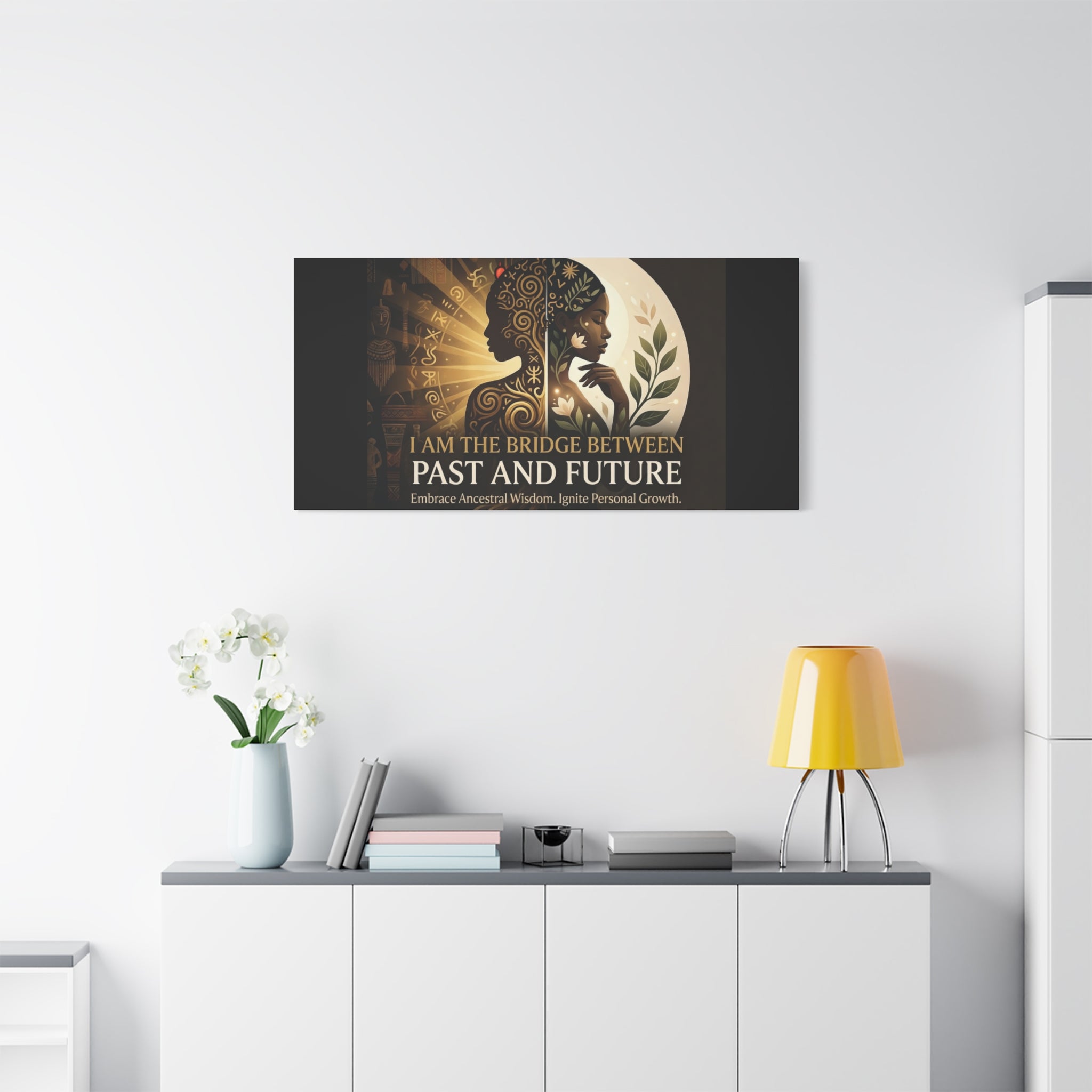 Canvas wall art titled "I Am the Bridge Between Past and Future" by Printify, featuring abstract design and vibrant colors.