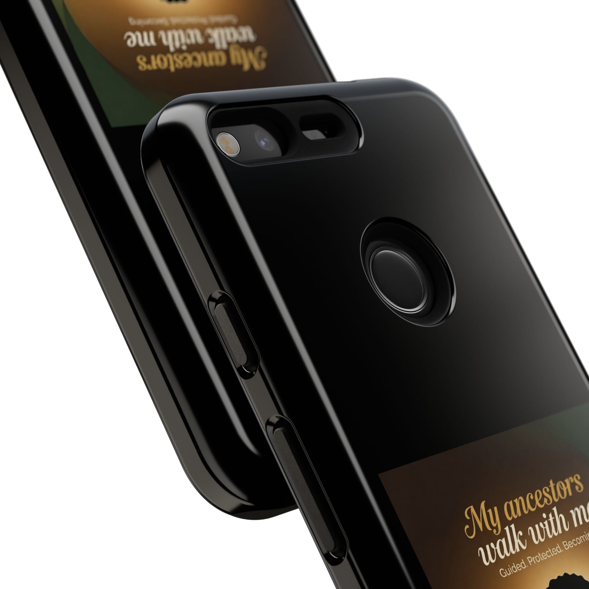 Black heritage-themed phone case with inspirational quote, designed for iPhone, featuring protective cover with cultural artwork.
