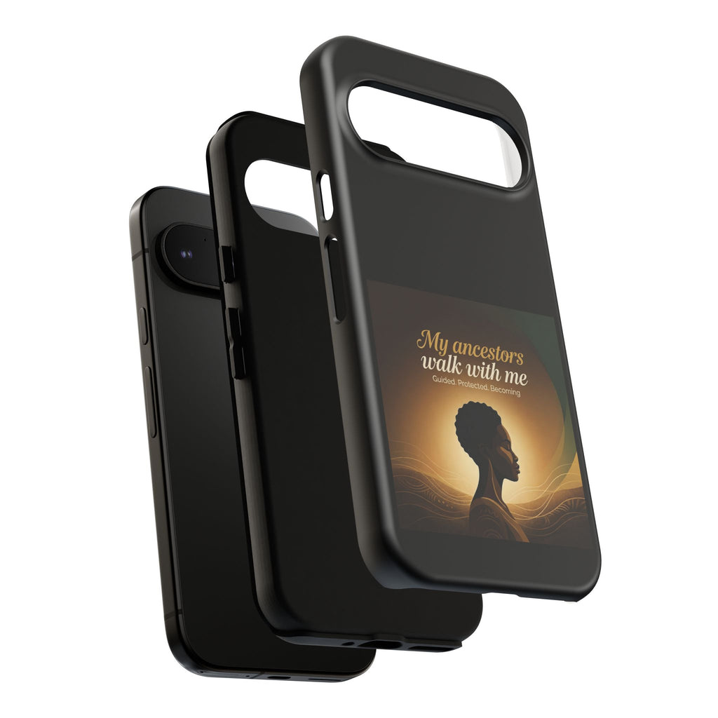 Black phone case with inspirational quote and heritage design, protective cover for smartphones by Printify.